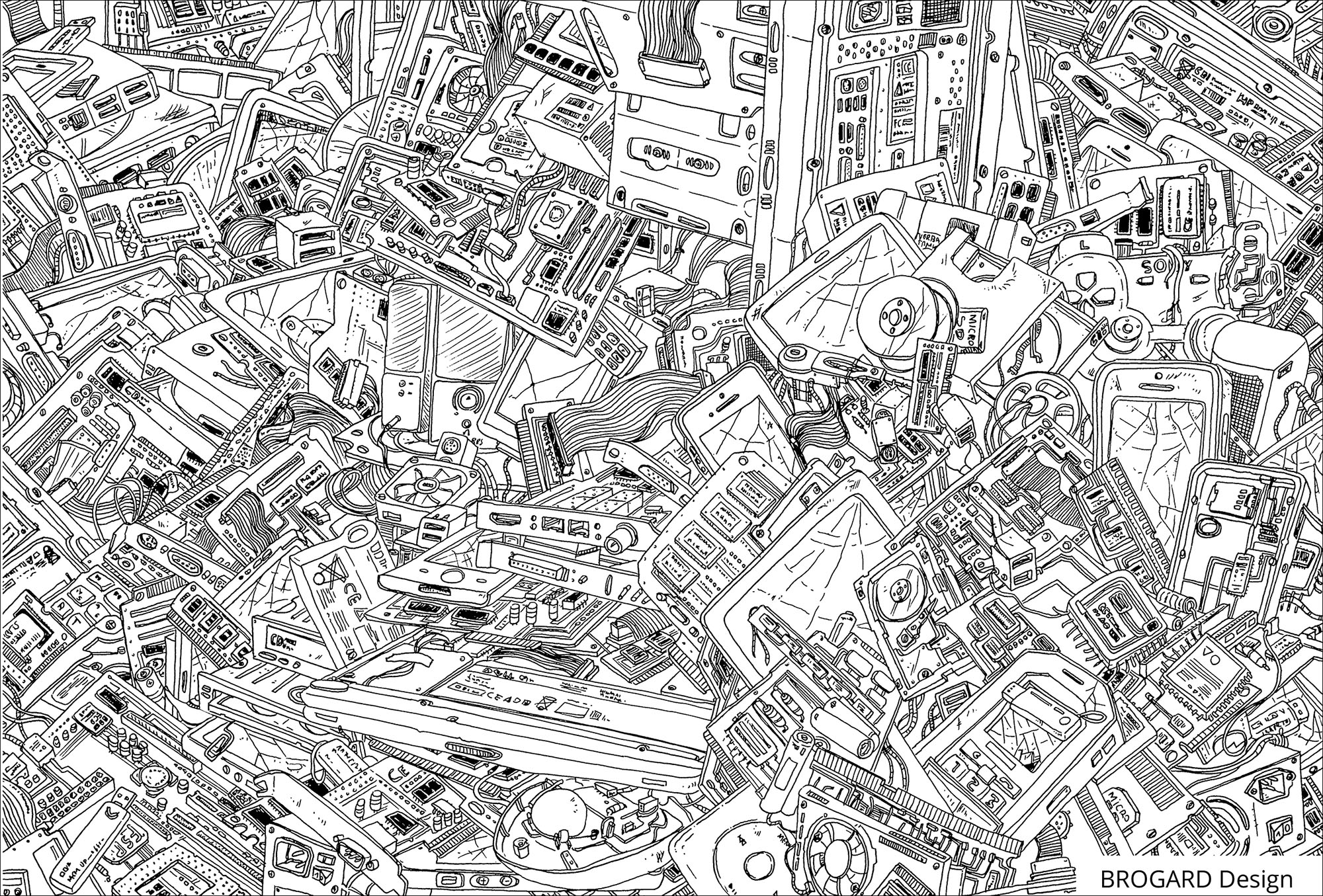A lot of details to color in this drawing full of electronic elements from computers, Artist : Frédéric Brogard