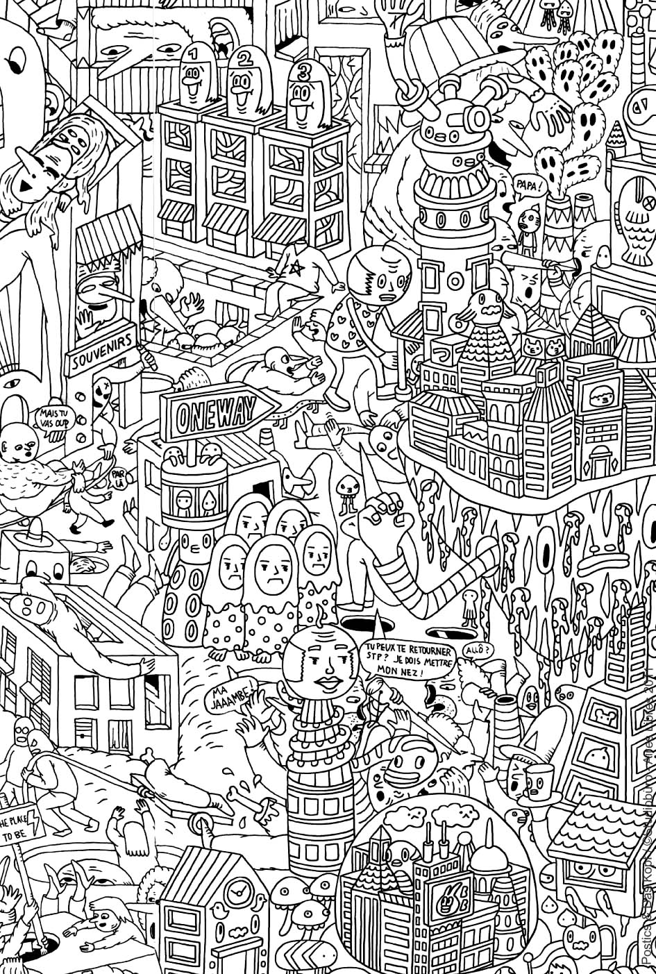 Very complex coloring page of an imaginary city with robots and other strange creatures - 3