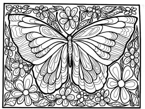 Butterflies & Insects : Complex coloring of a large butterfly surrounded by flowers