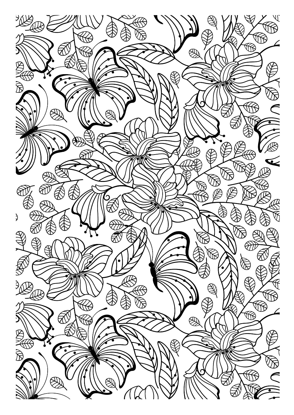 Another image to print and to color filled with pretty leaves, flowers and butterflies, which is certainly an interesting adult coloring page to achieve