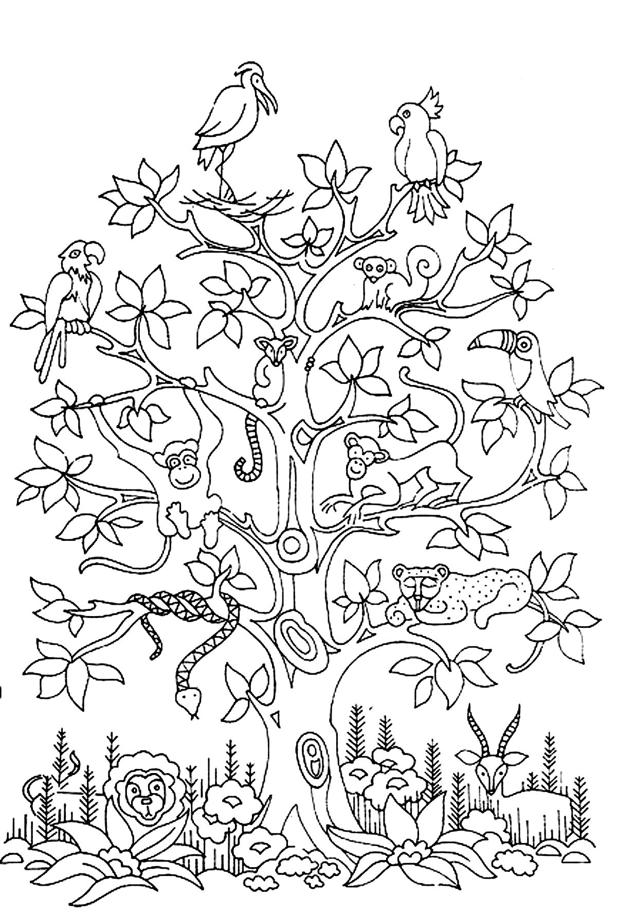 A tree with birds, butterflies and even monkey !