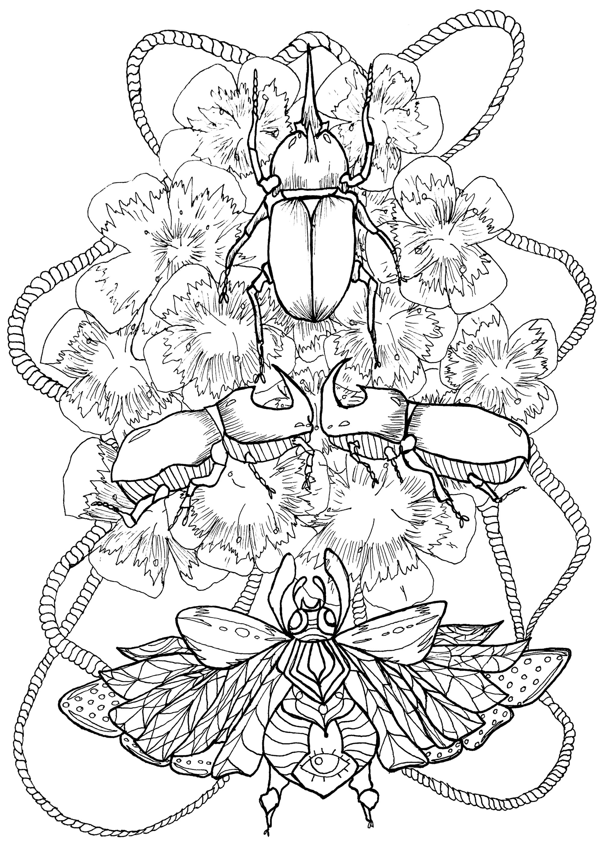 Beautiful coloring with flowers and beetles, surrounded by finely braided rope. Our artist drew inspiration from her favorite insects and flowers to create this highly original and uniquely stylized coloring page, Artist : Lise