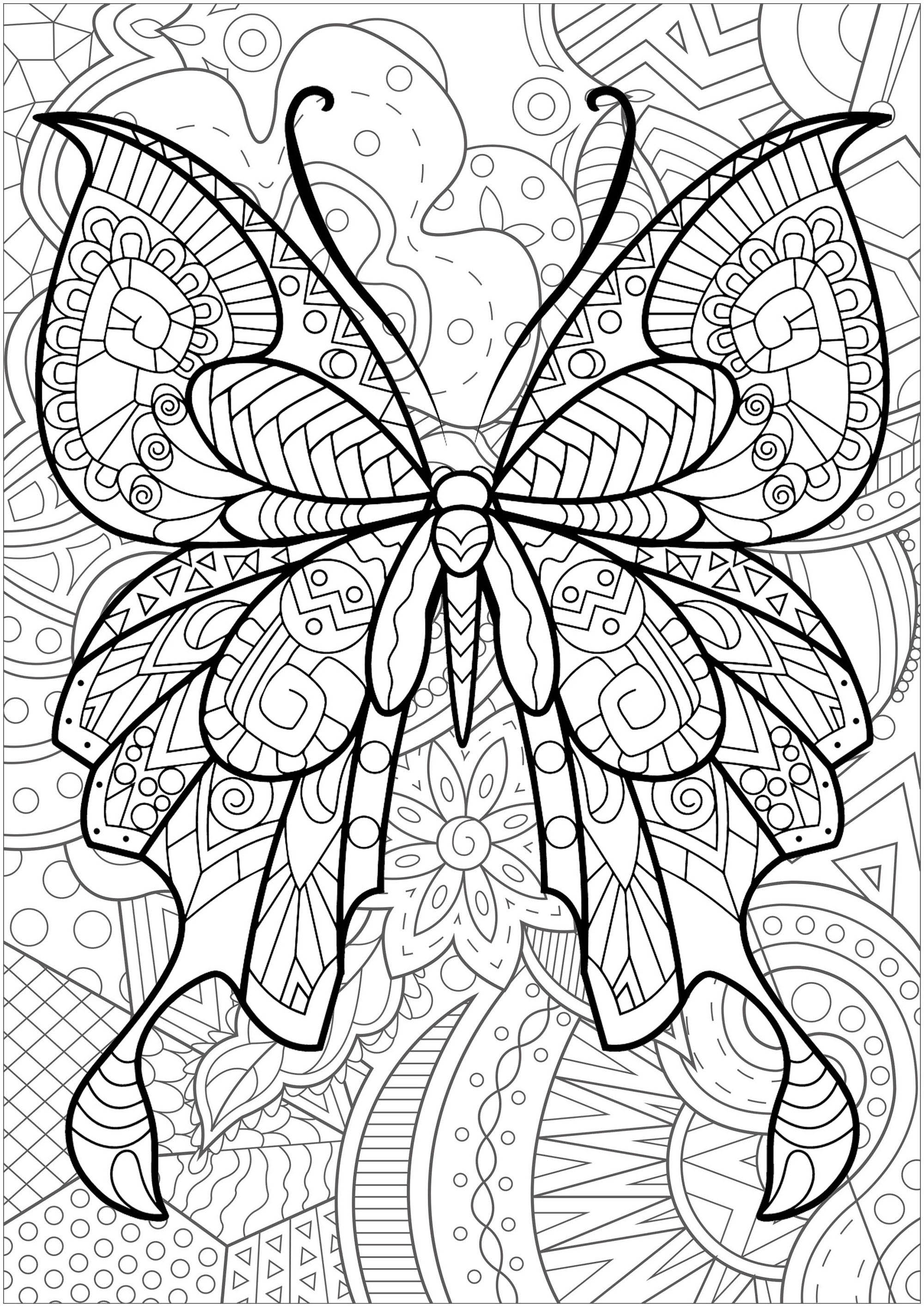 Download Butterfly with flowered background 2 - Butterflies & insects Adult Coloring Pages