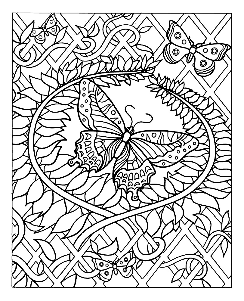 Adult coloring page of a beautiful butterfly, decorated with many eye-pleasing plant patterns ... much details to color !
