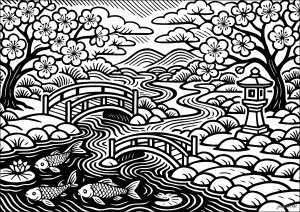 Elegant Japanese landscape with carp and bridges