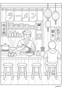 Authentic scene at a ramen bar