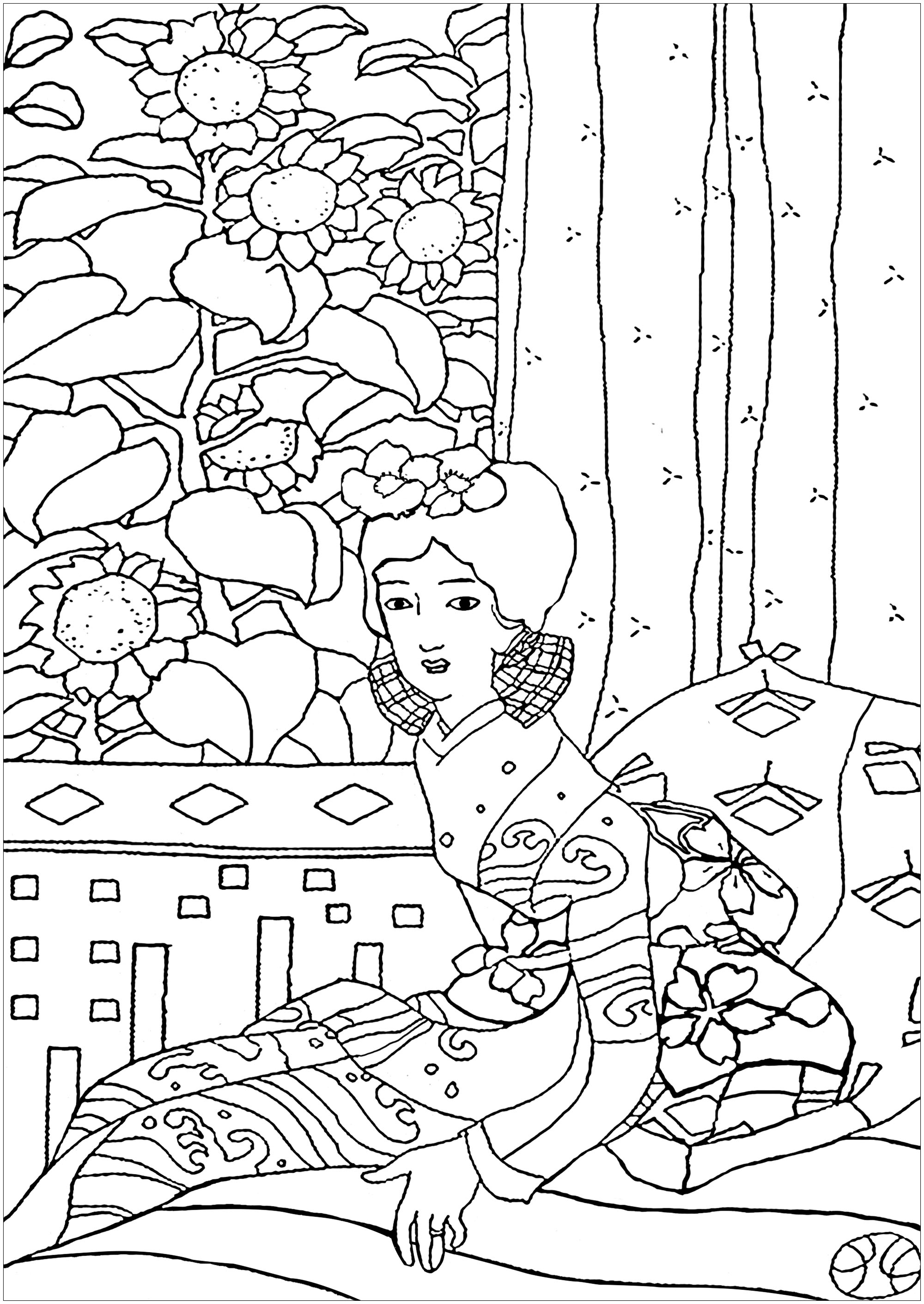 Coloring page created from a painting representing a Geisha, by japanese artist Yumeji Takehisa (1884 - 1934), Artist : Art. Isabelle