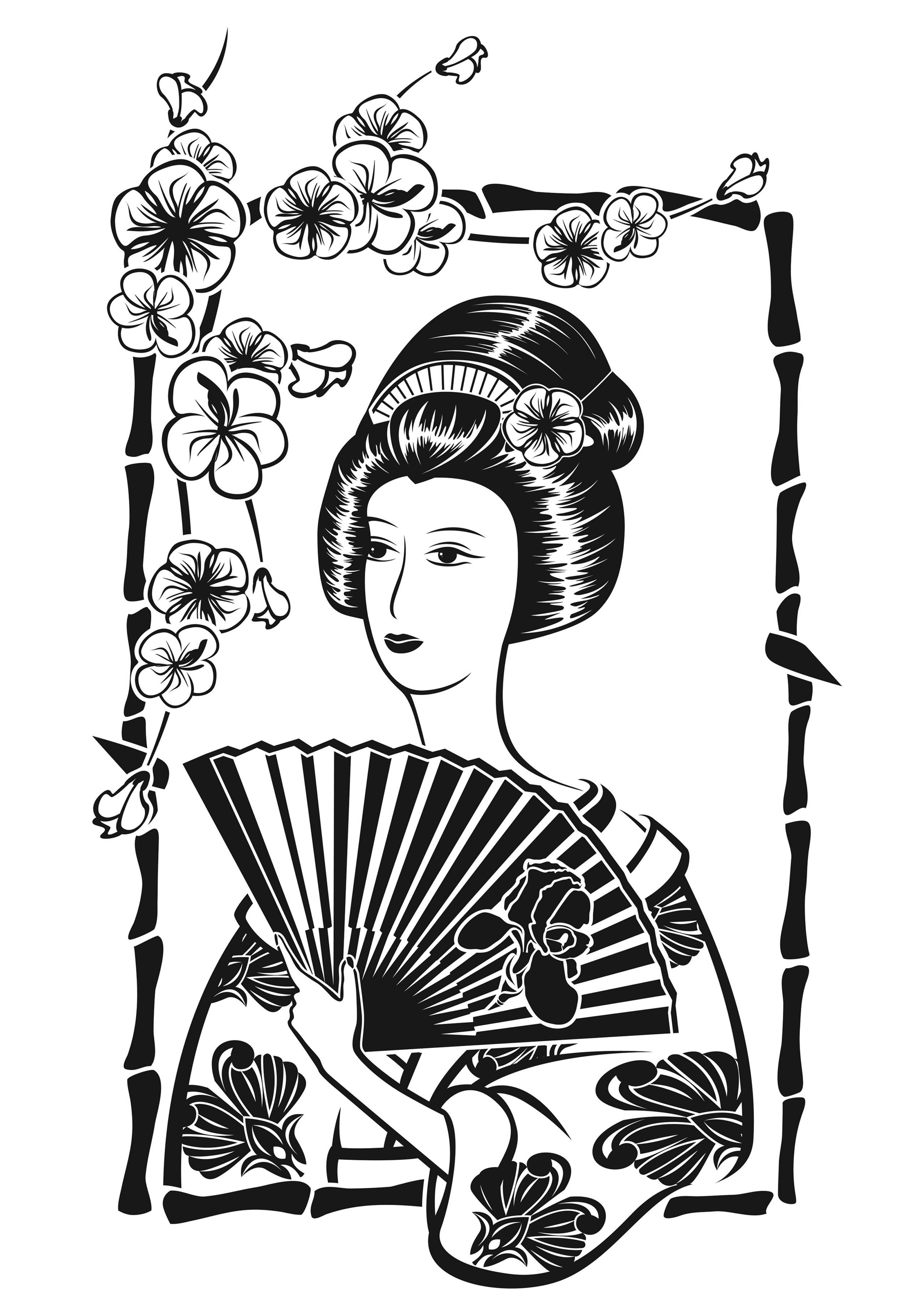 Download Japan geisha with fan - Japan Adult Coloring Pages