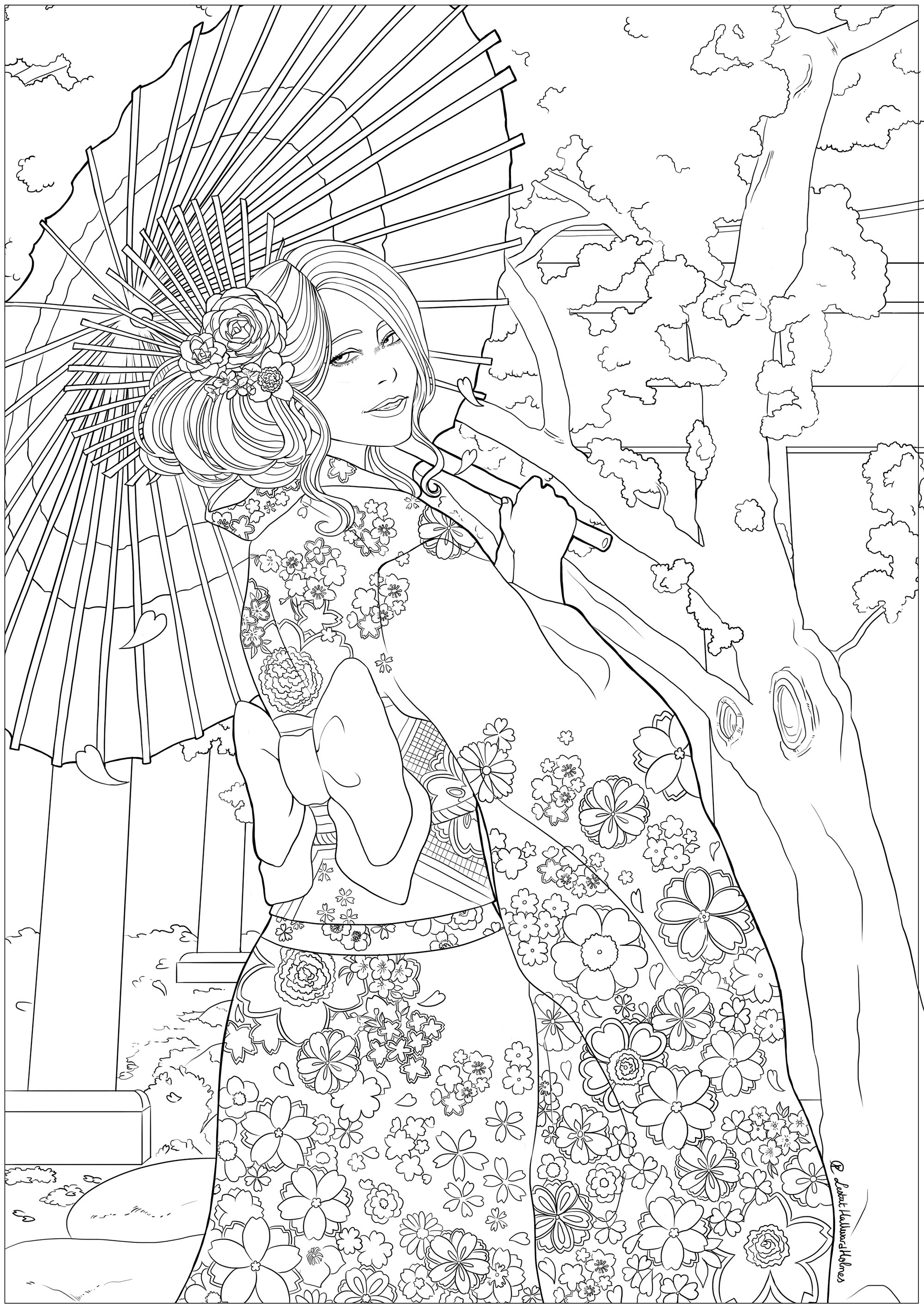 An elegant young woman in front of a temple and cherry blossoms, wearing her best yukata. Drawing celebrating Hanami, the Japanese spring festival, Artist : Lestat Hallward Holmes