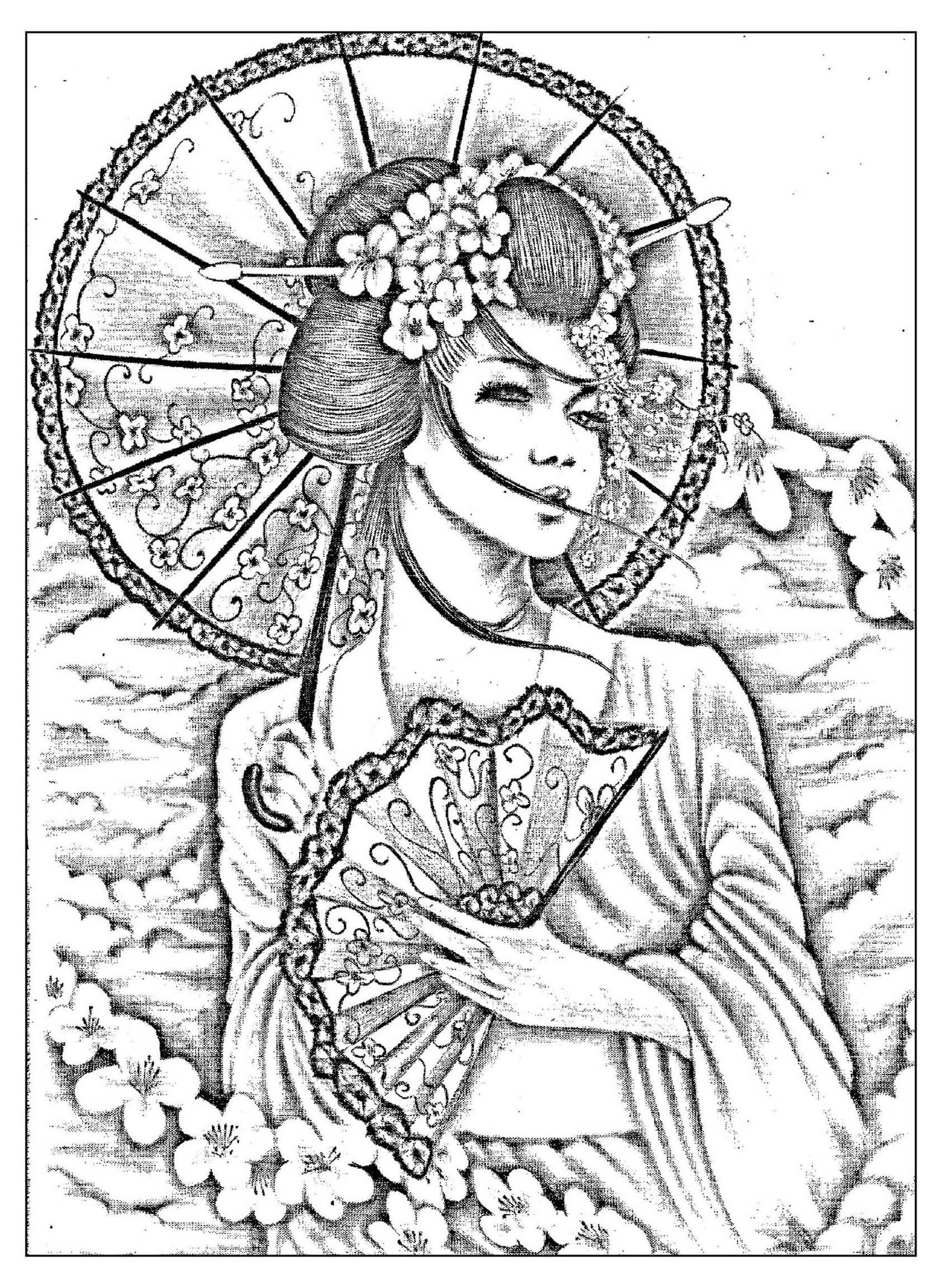 A beautiful Black & White drawing of a japanese with umbrella and évantail