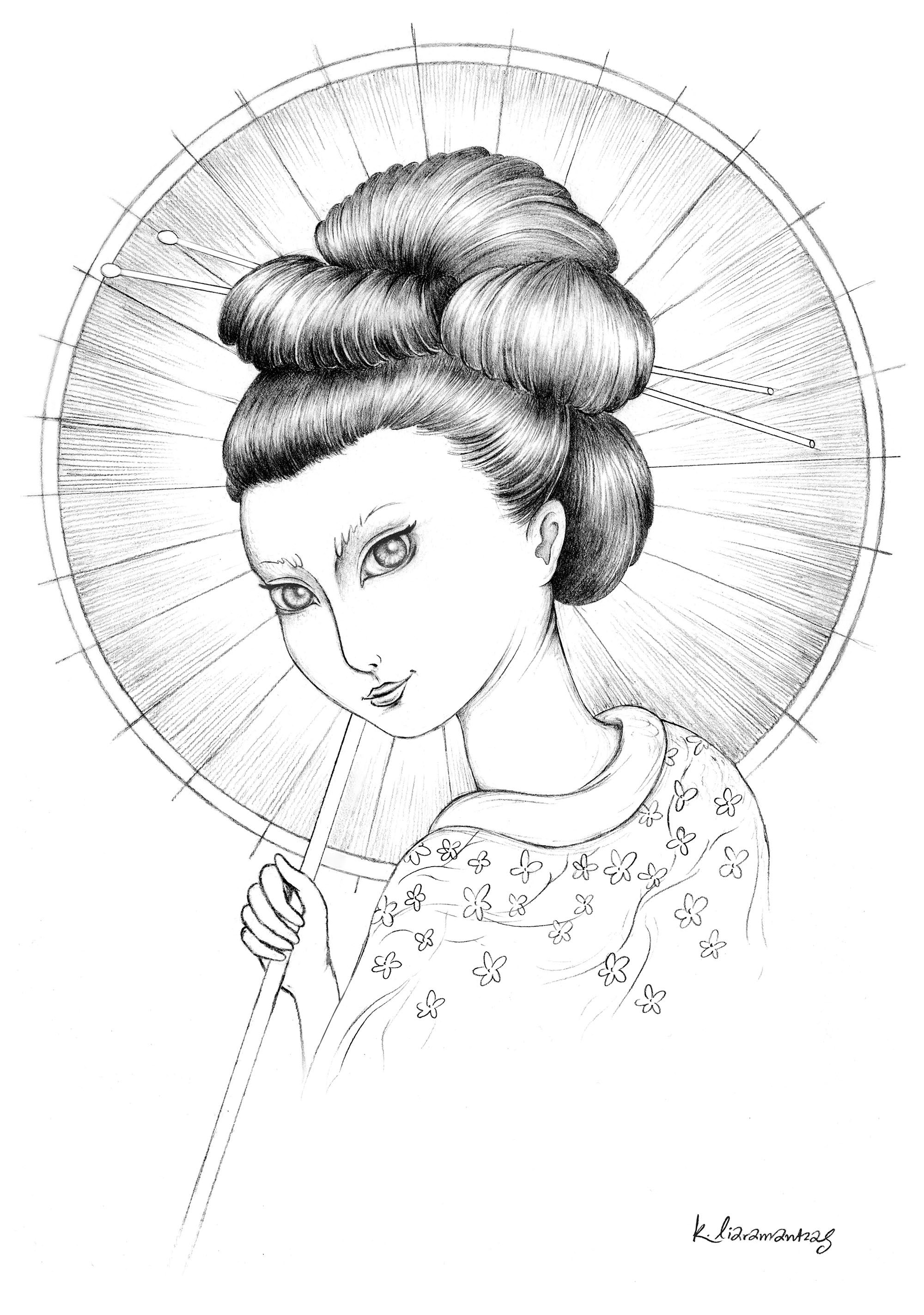 Simple portrait of a Geisha, with her cute umbrella, Artist : Konstantinos Liaramantzas