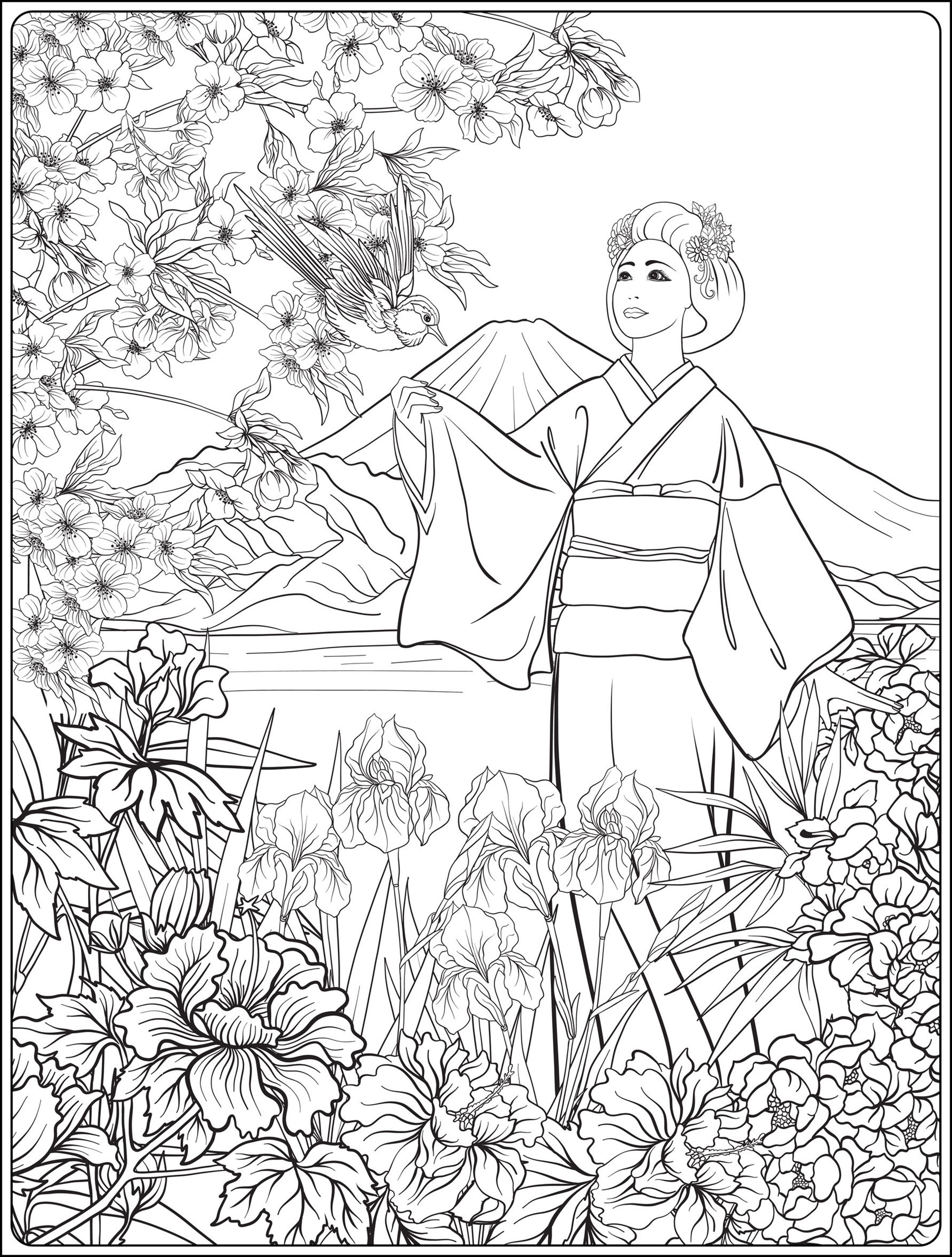Japanese landscape with Mount Fuji and sea, with Japanese woman in kimino, traditional flowers and a pretty bird. This coloring page 'Japanese woman in kimono and Mount Fuji' is a real ode to Japanese culture. It shows a Japanese woman dressed in a kimono, standing on a Japanese landscape with Mount Fuji and the sea. She is surrounded by traditional flowers and a pretty bird, Artist : Elena Besedina   Source : 123rf