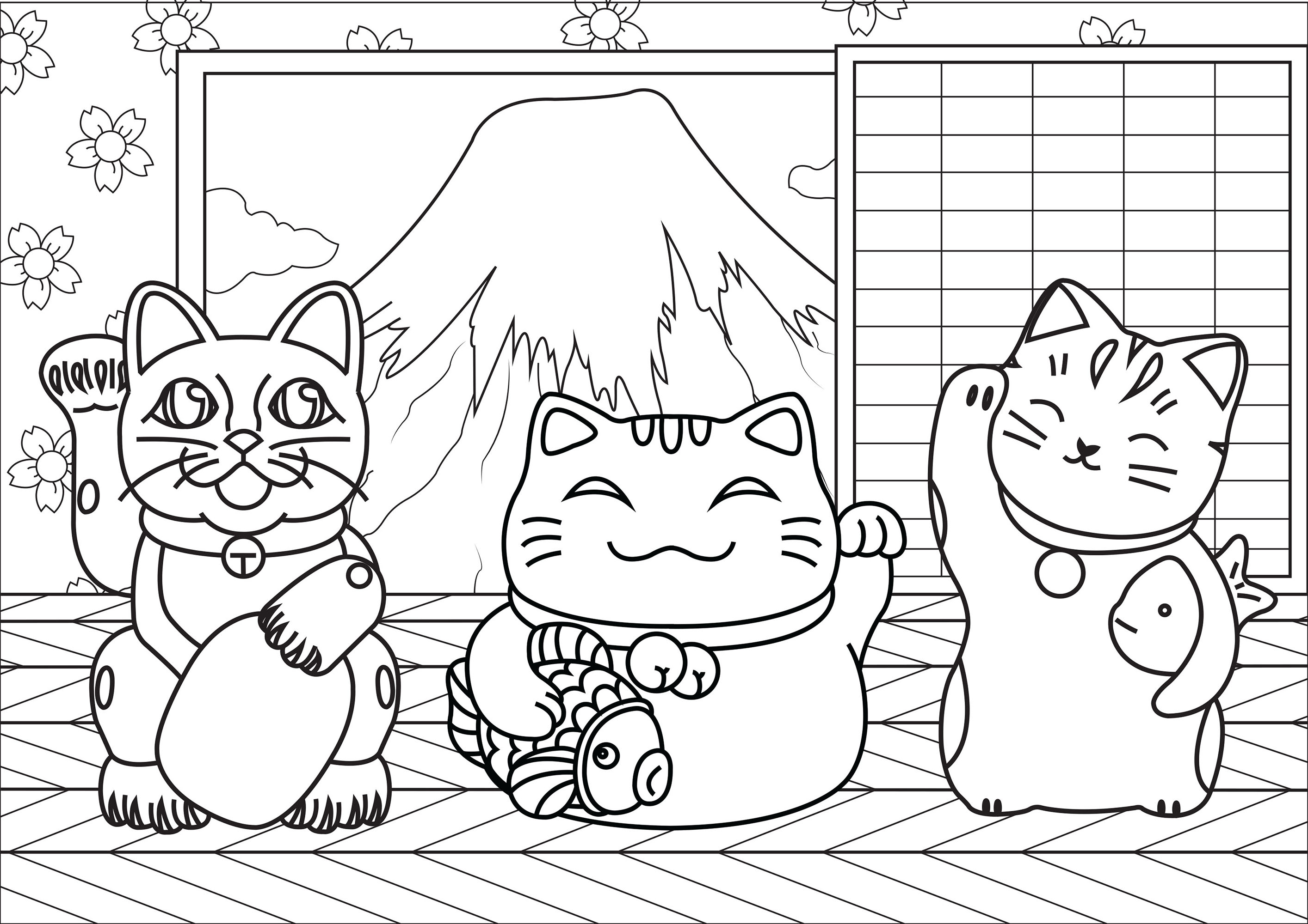 Color these three Maneki Neko cats, who are in a cute house in front of Japan’s Mount Fuji, Artist : Lucie