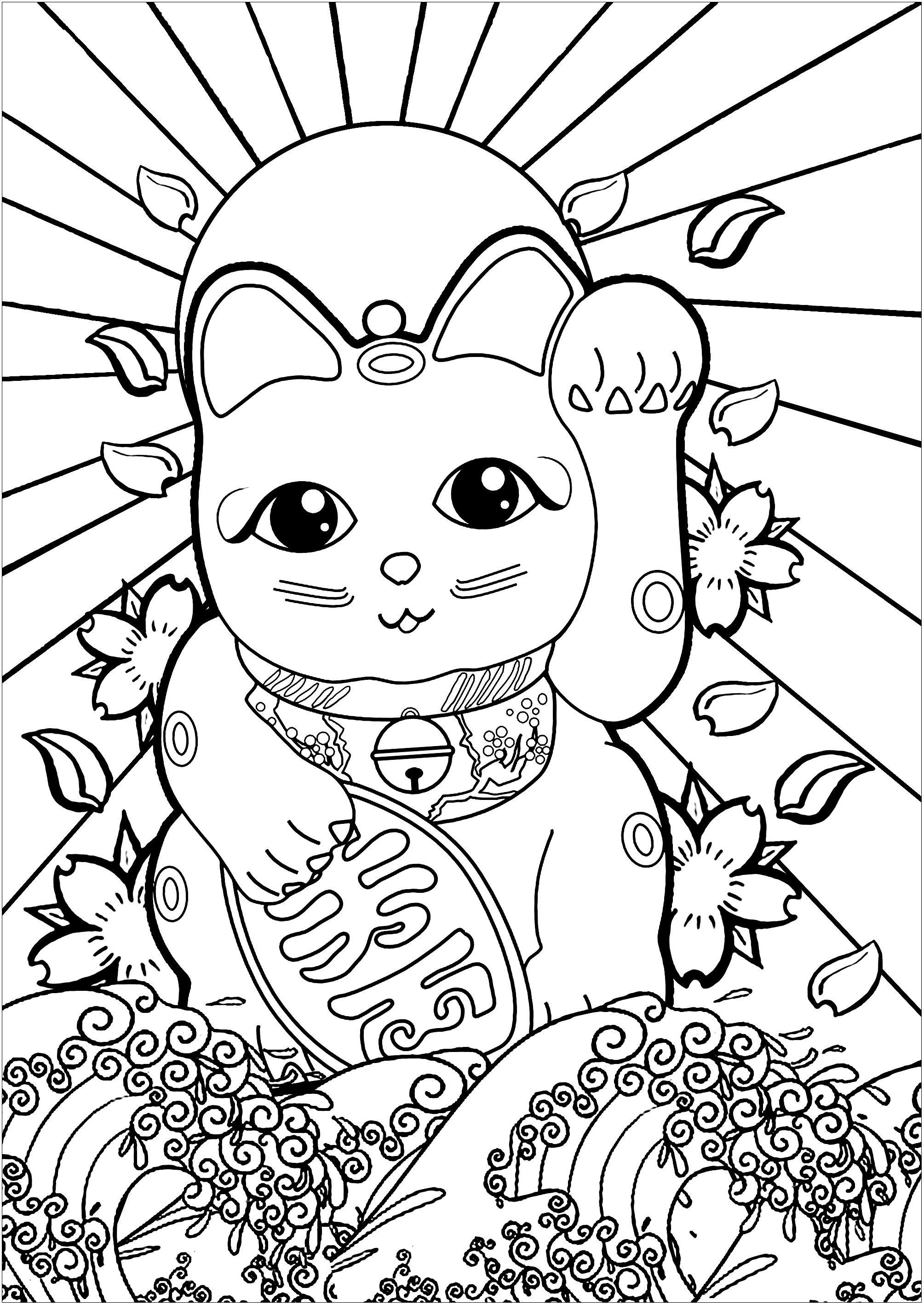 Cute Maneki Neko with other symbols of Japon : Rising Sun Flag, Artist : Art. Isabelle