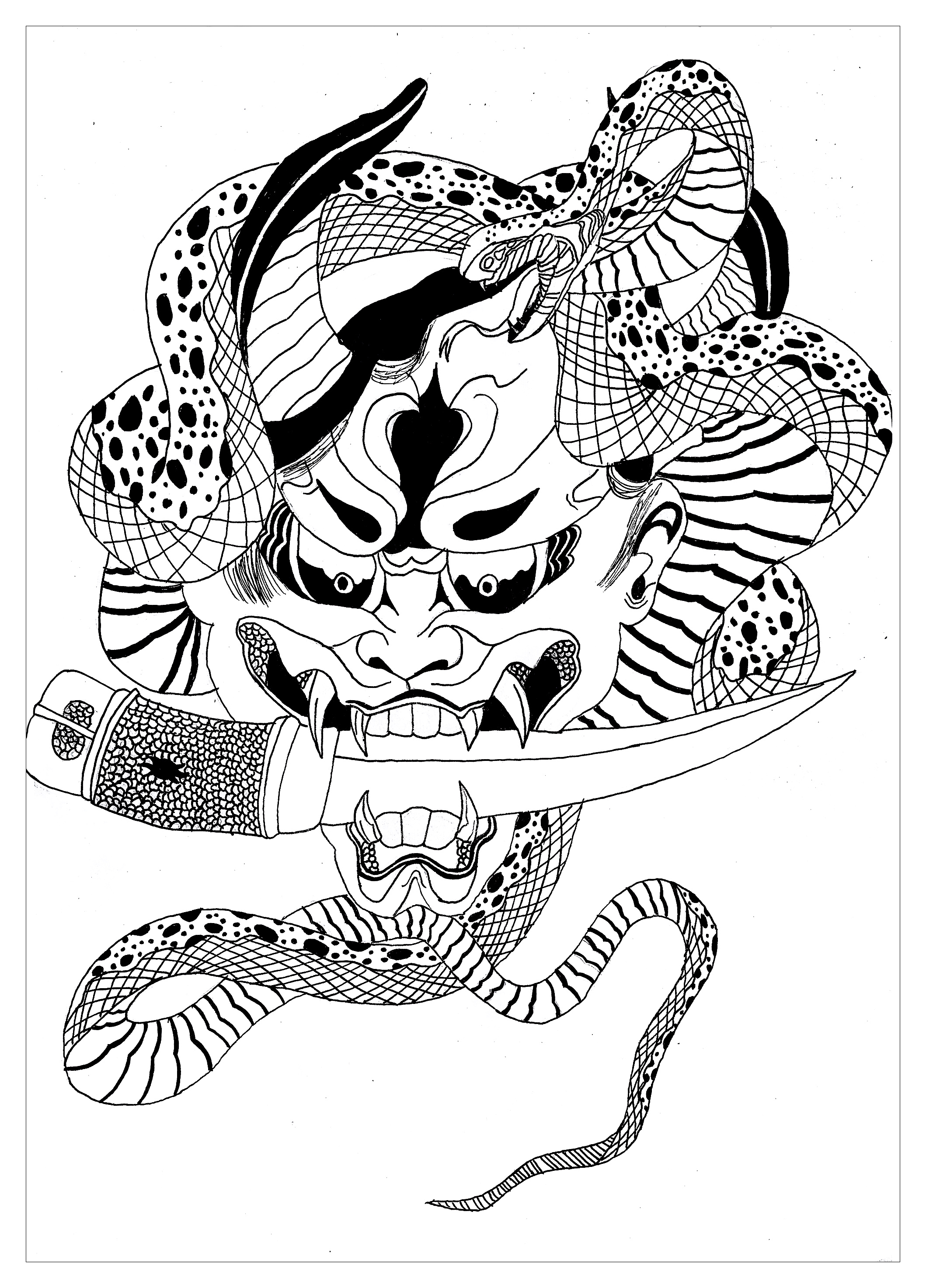 Coloring page of a Japanese Hannya mask, Artist : Krissy