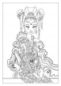 Geisha In Kimono With Floral Motifs Japan Adult Coloring Pages