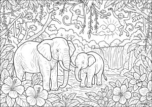 Majestic elephants and small monkeys near a waterfall