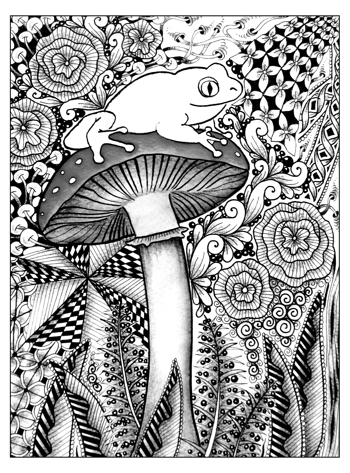 The frog on a big mushroom - Jungle & Forest Adult Coloring Pages