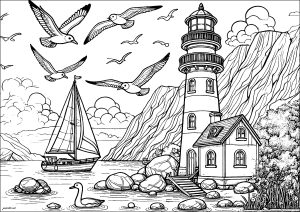 Seaside lighthouse with sailboat and seagulls