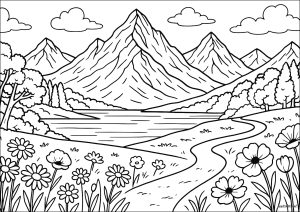 Mountain landscape with lake, flowers and path