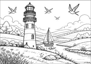 Seascape with lighthouse and sailboat