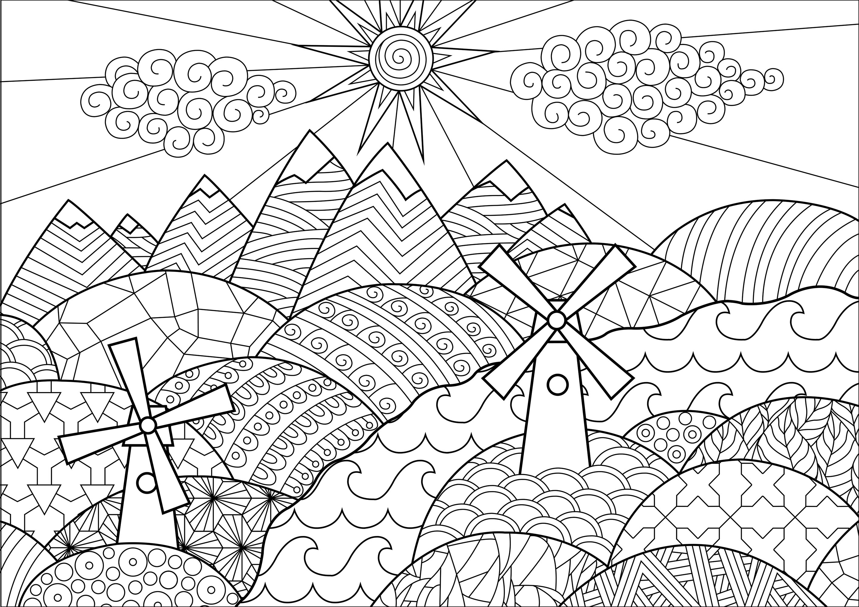 Landscape with mills L&scapes Adult Coloring Pages
