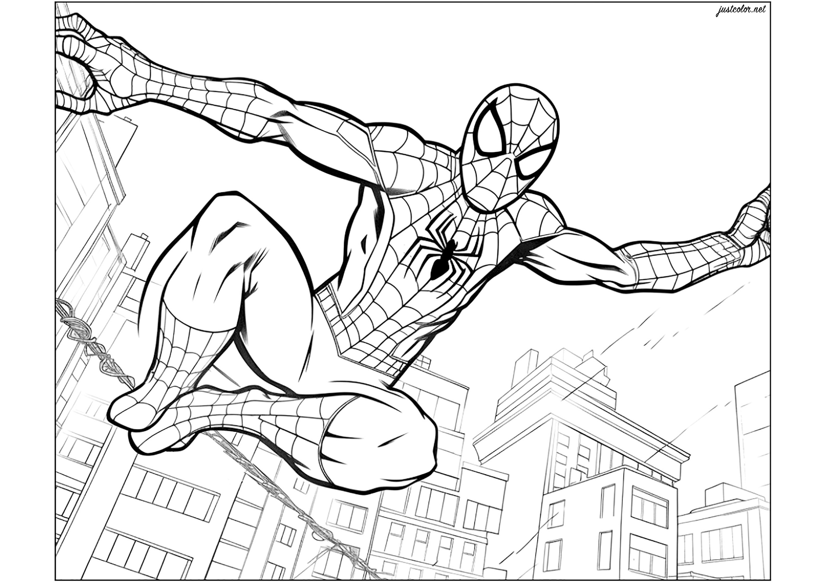 Spiderman above the rooftops of New York City - Books Adult Coloring Pages