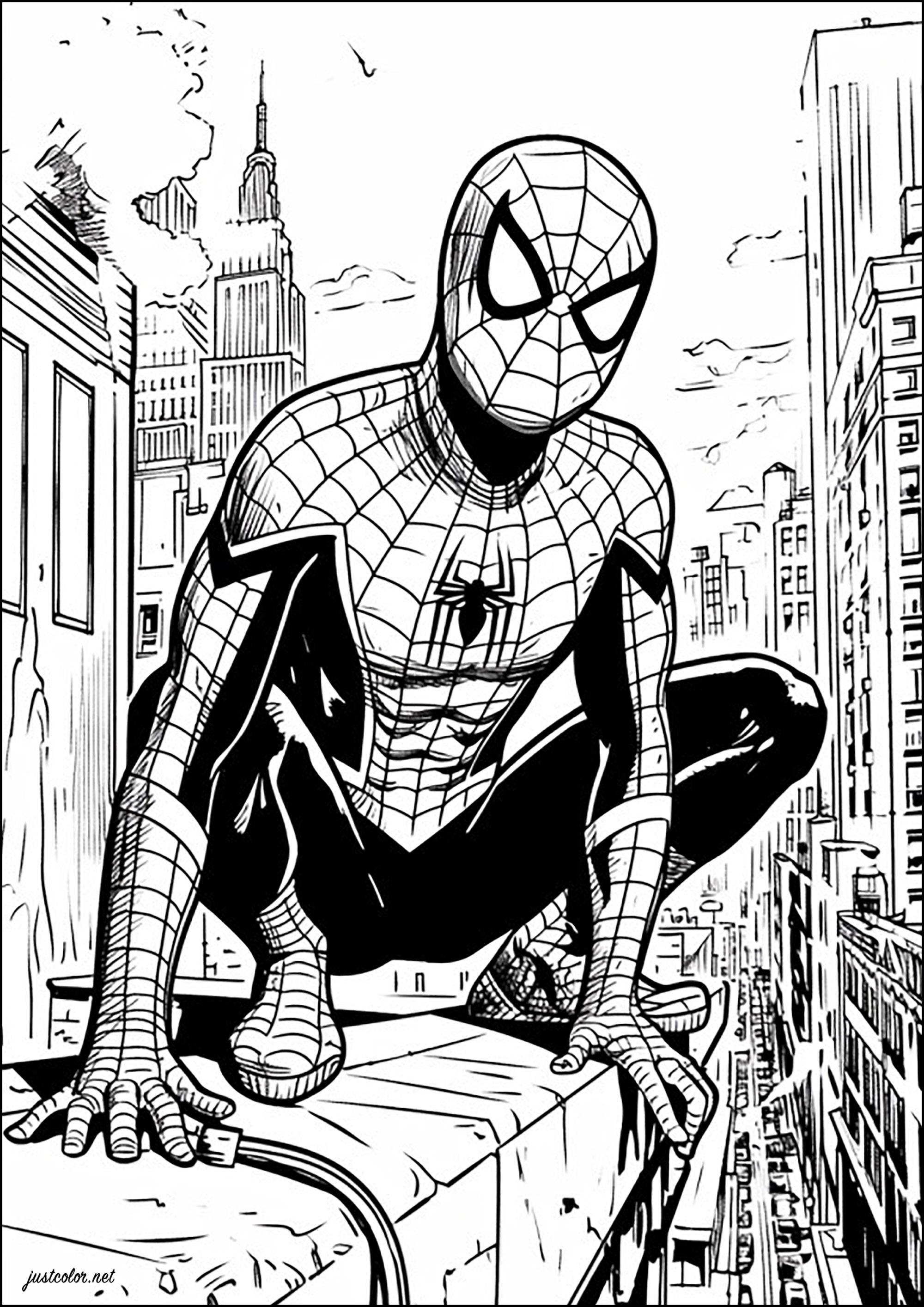 Spider-man rests on the roof of a New York building - Books Adult ...