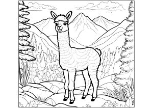 Printable Coloring Page for adults : Lama in the mountains