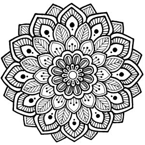 Mandala with thick lines and symmetrical leaves