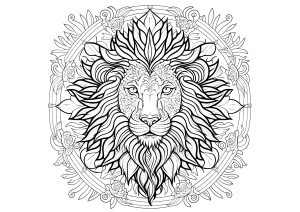 Printable Coloring Page for adults : Lion head in a mandala