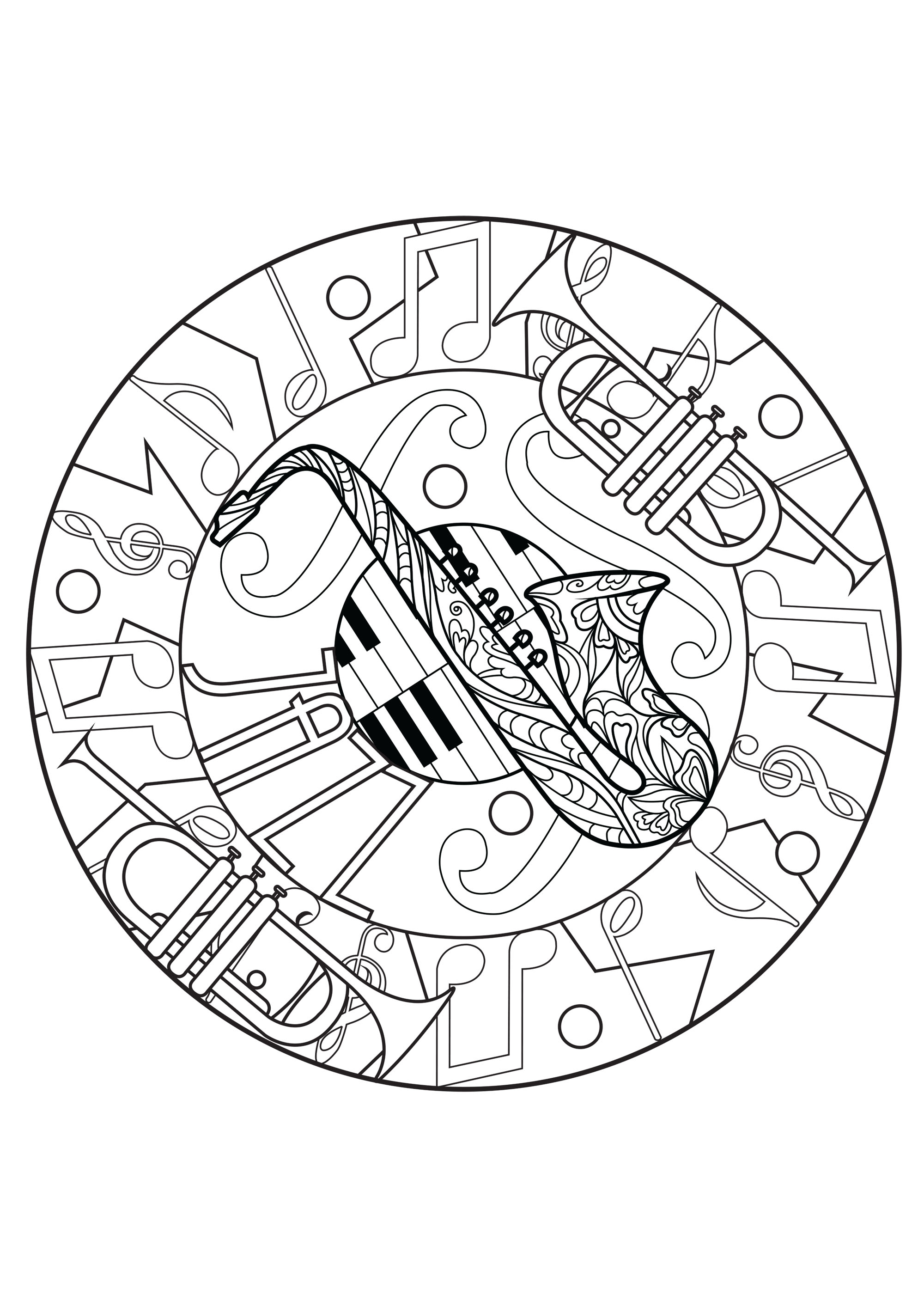 Melodious mandala composed of a saxophone, trumpets and piano keys. A beautiful creation that evokes the magic of jazz music and its catchy rhythms.Color each note and instrument with colors in harmony ...What if you color this Mandala while listening to music? Jazz of course!, Artist : Lucie