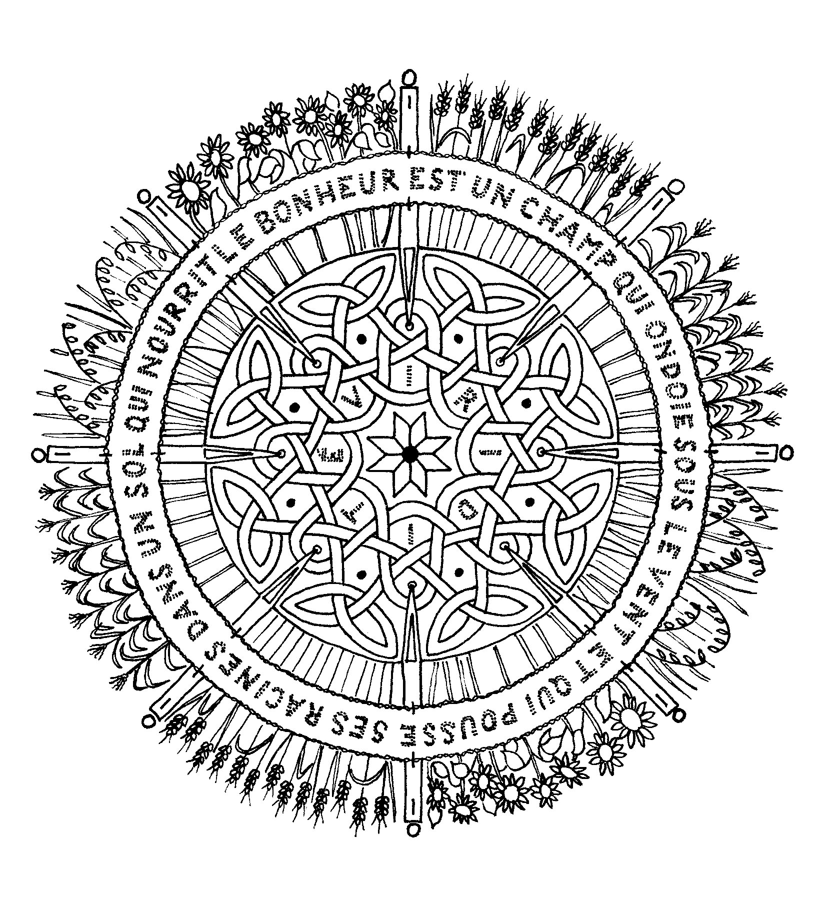 Mandala with pretty sentence on happiness, for a zen coloring!
