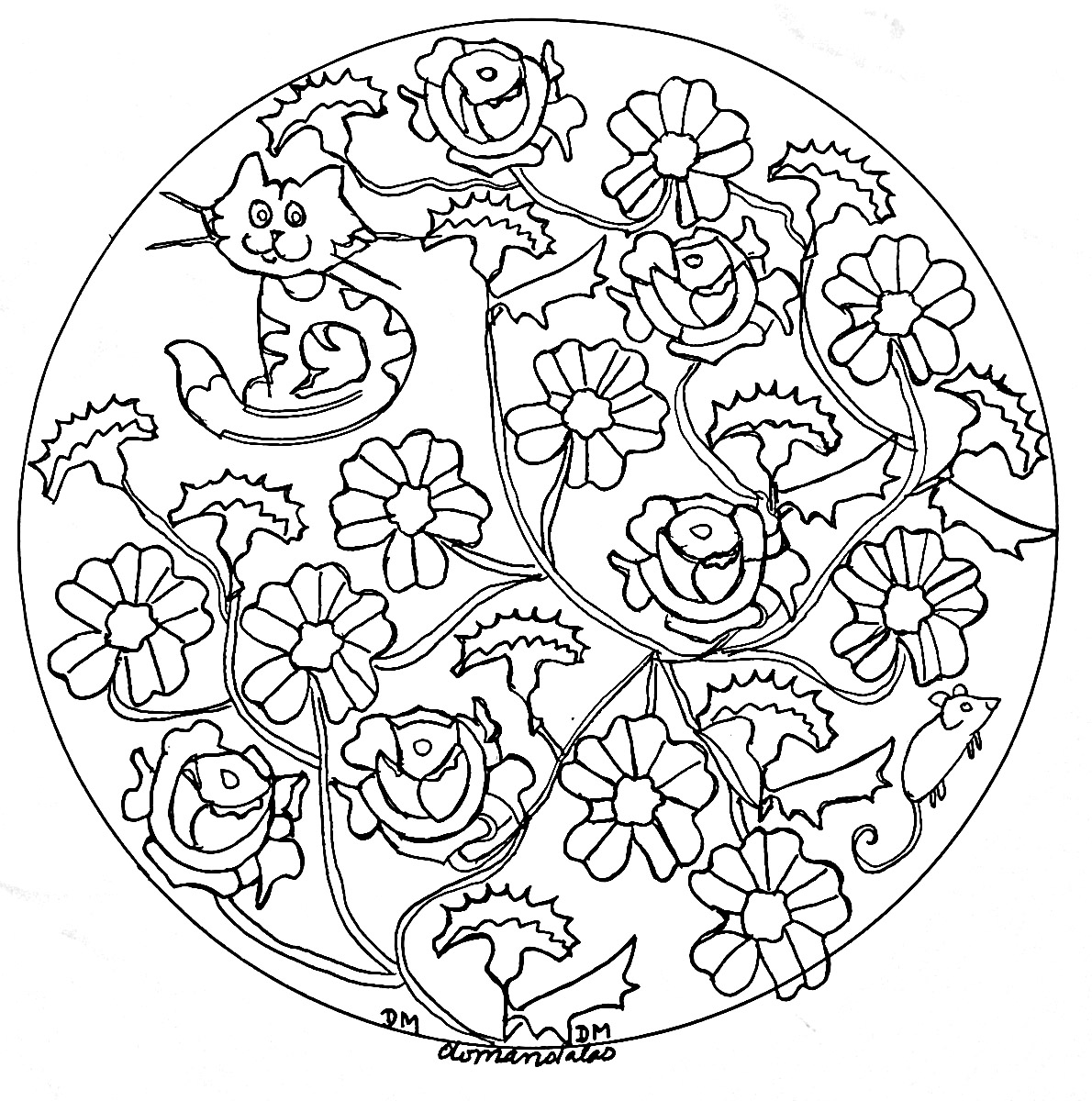 Mandala roses and cat, Artist : Domandalas
