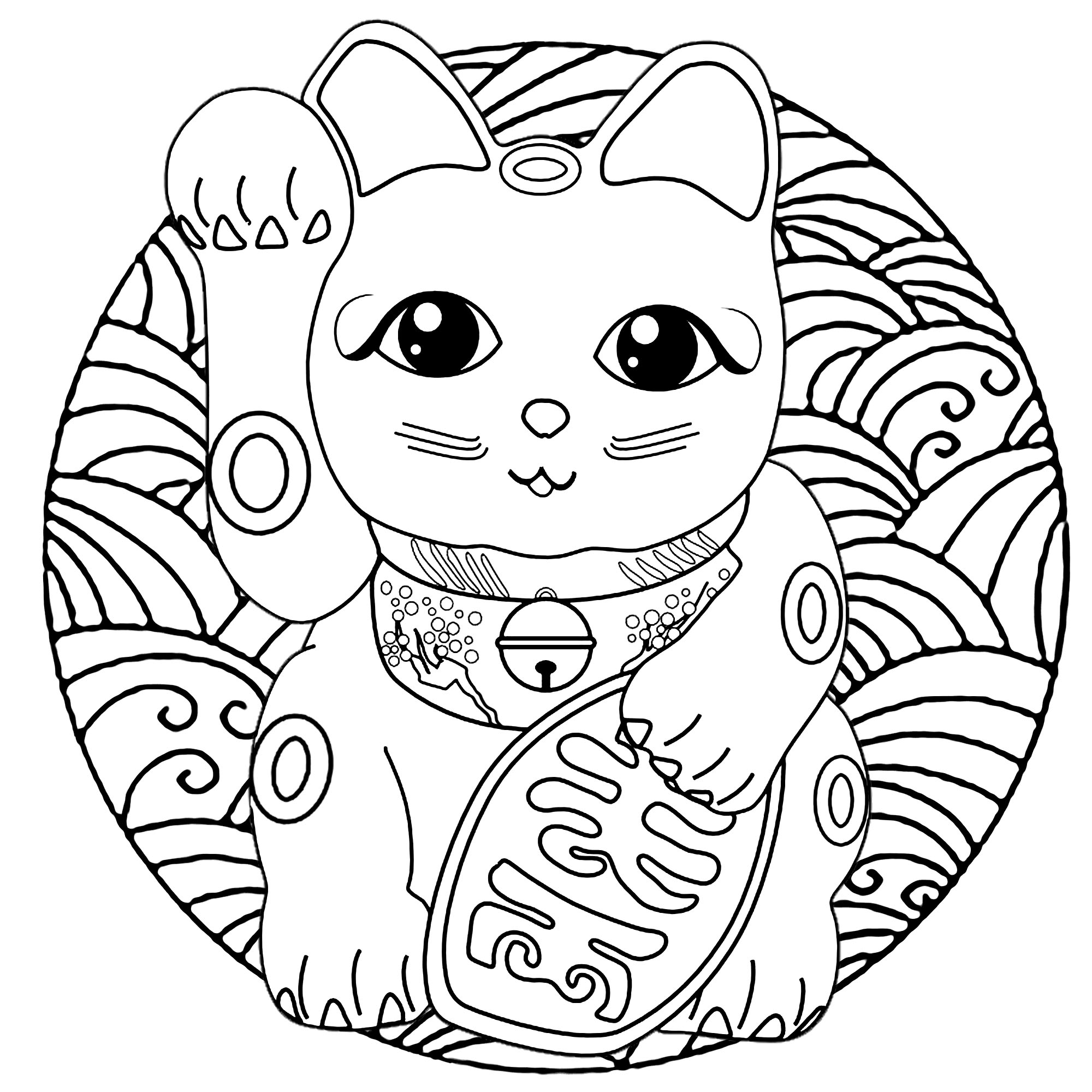 A cute Maneki Neko cat (Japanese figurine : lucky charm, talisman) in a Mandala full of waves (Japanese graphic design style), Artist : Art. Isabelle
