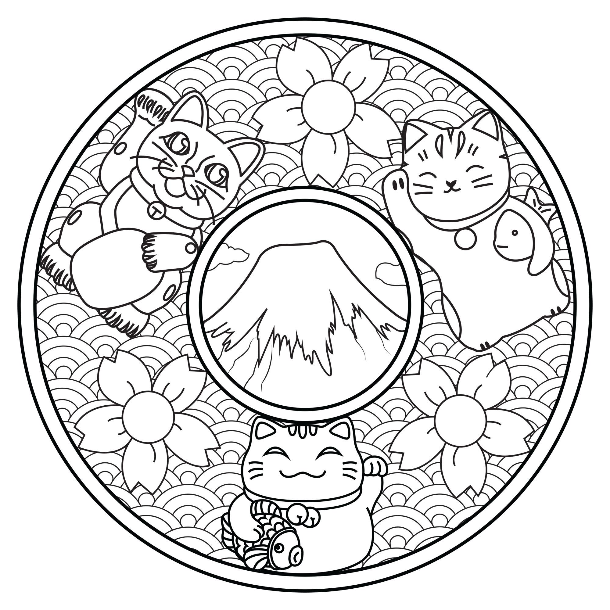 Color these three cute cats on this Mandala inspired by Japan : Mount Fuji, Cherry Blossom flowers, waves .., Artist : Lucie