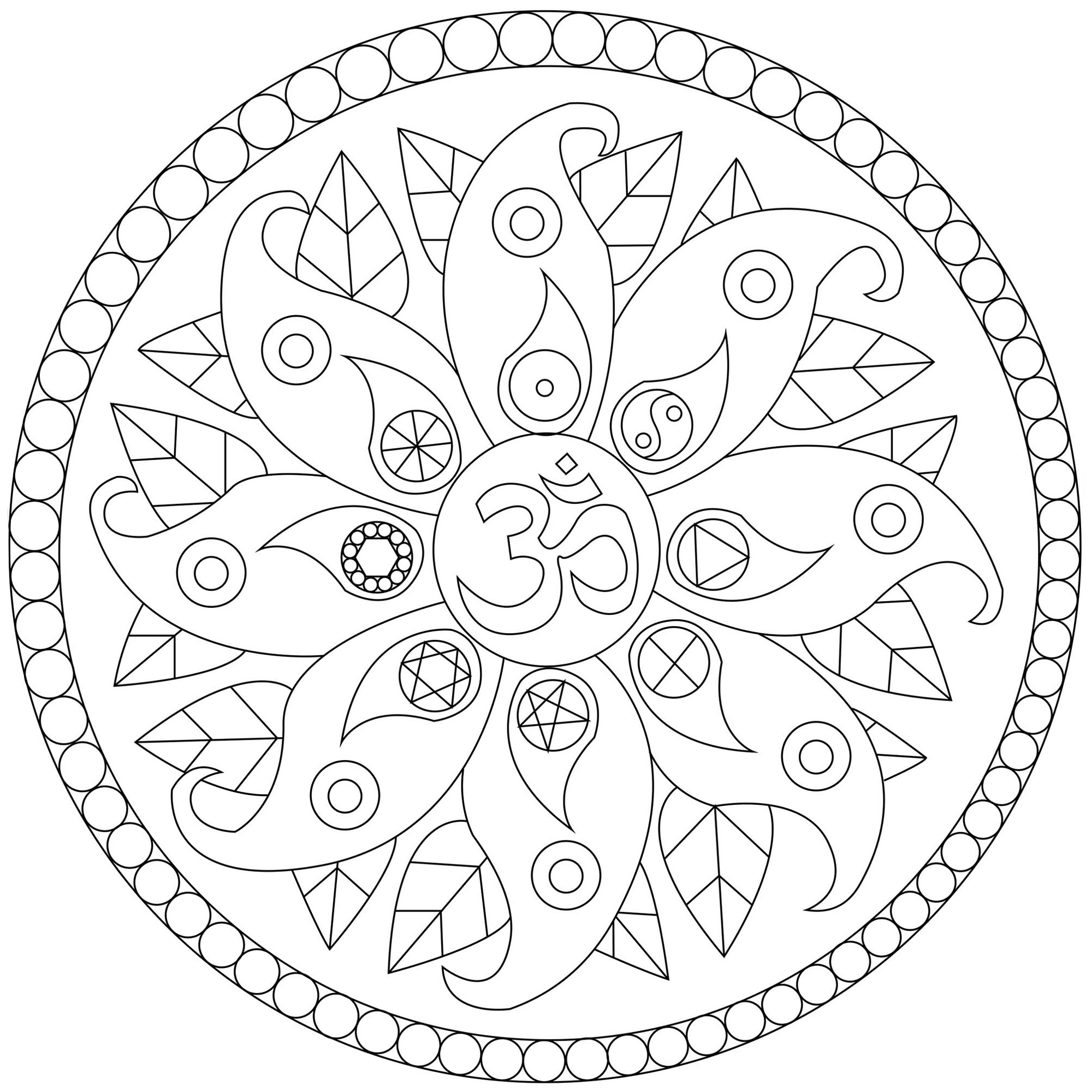 Mandala with various symbols : Om, Yin and Yang ... A coloring page full a peace, Artist : Caillou