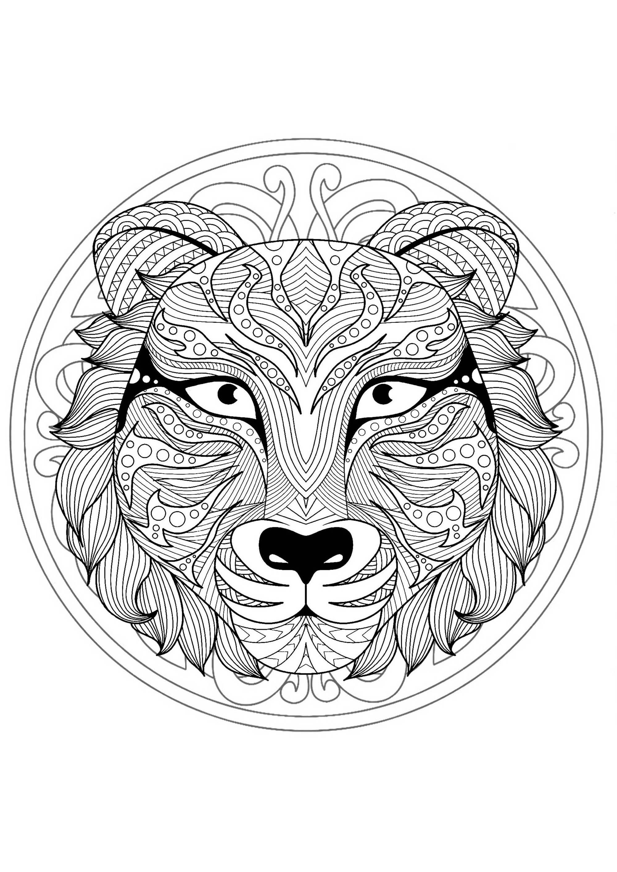 Mandala to color with very gorgeous Tiger head and beautiful interlaced patterns in background