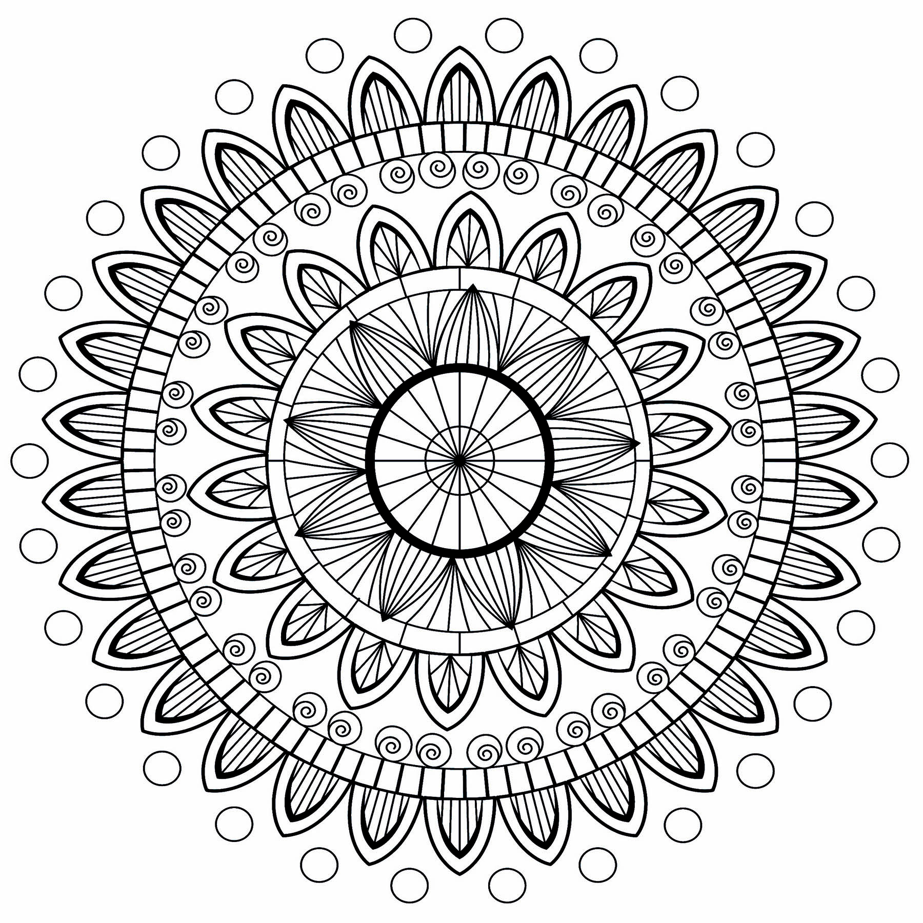 A beautiful Mandala with petals on several levels, and circles at the ends, Artist : Bénédicte
