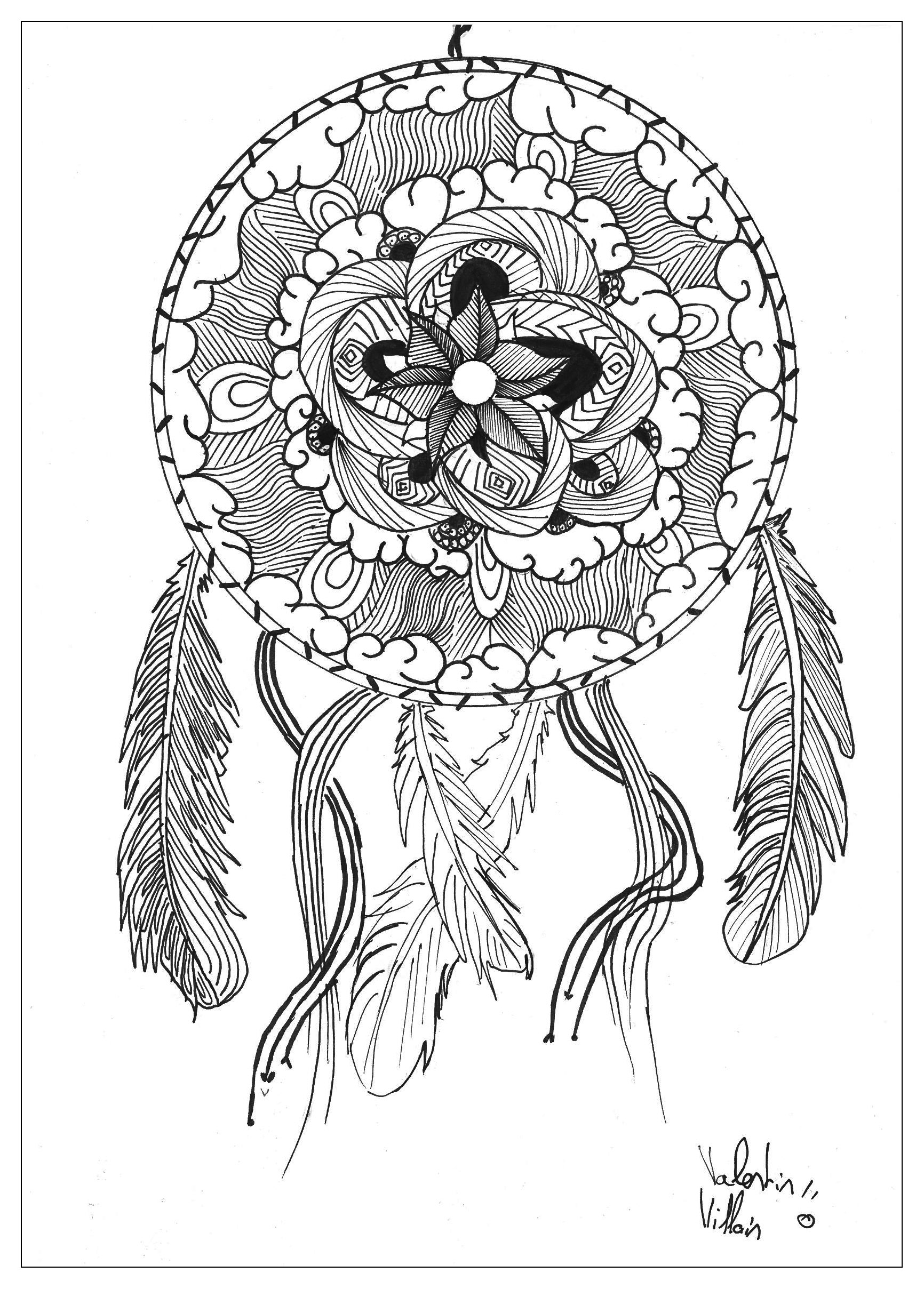 Beautiful dreamcatcher in a Mandala coloring page, Artist : Valentin