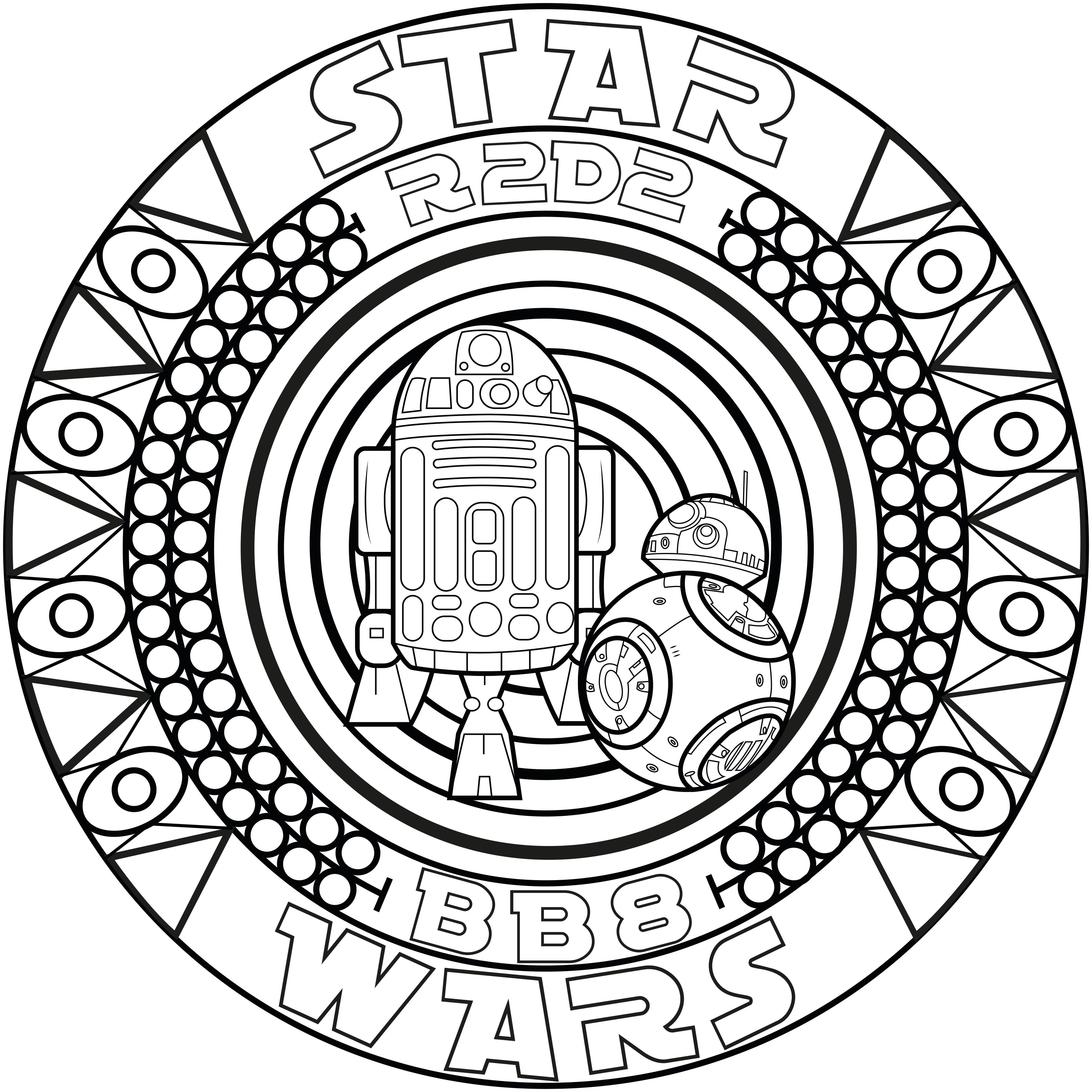 A mandala inspired by Star Wars with the robots BB8 and R2D2, Artist : Allan