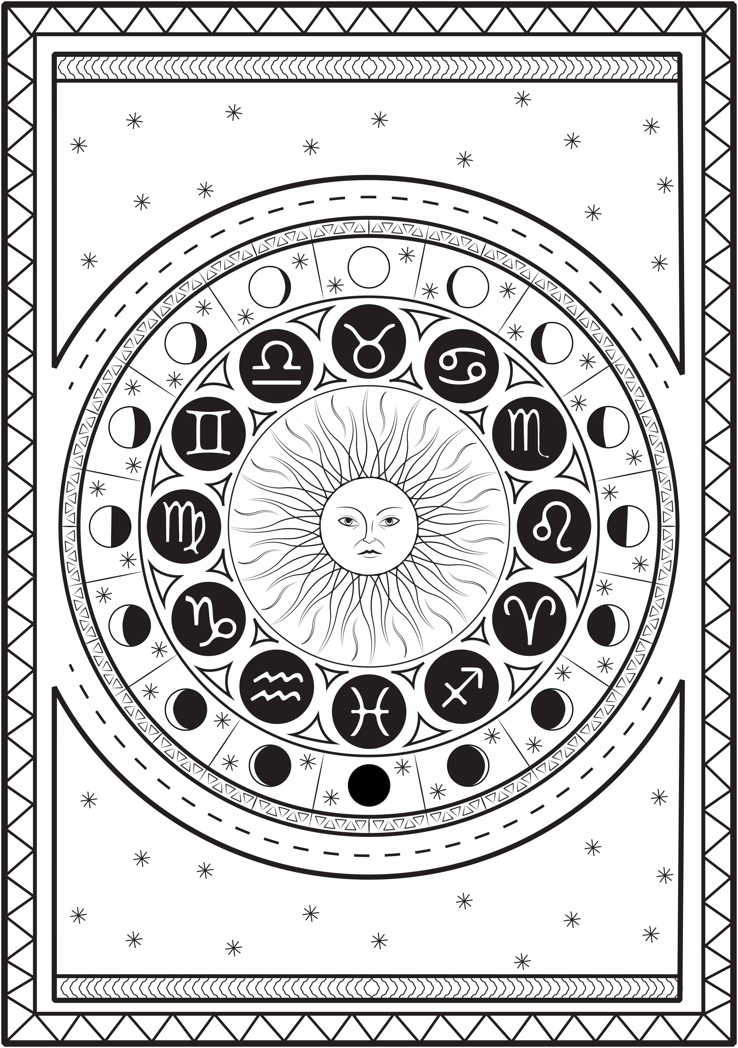 Mandala composed of astrological signs around a sun, with the moon cycle, on a starry background, Artist : Louise