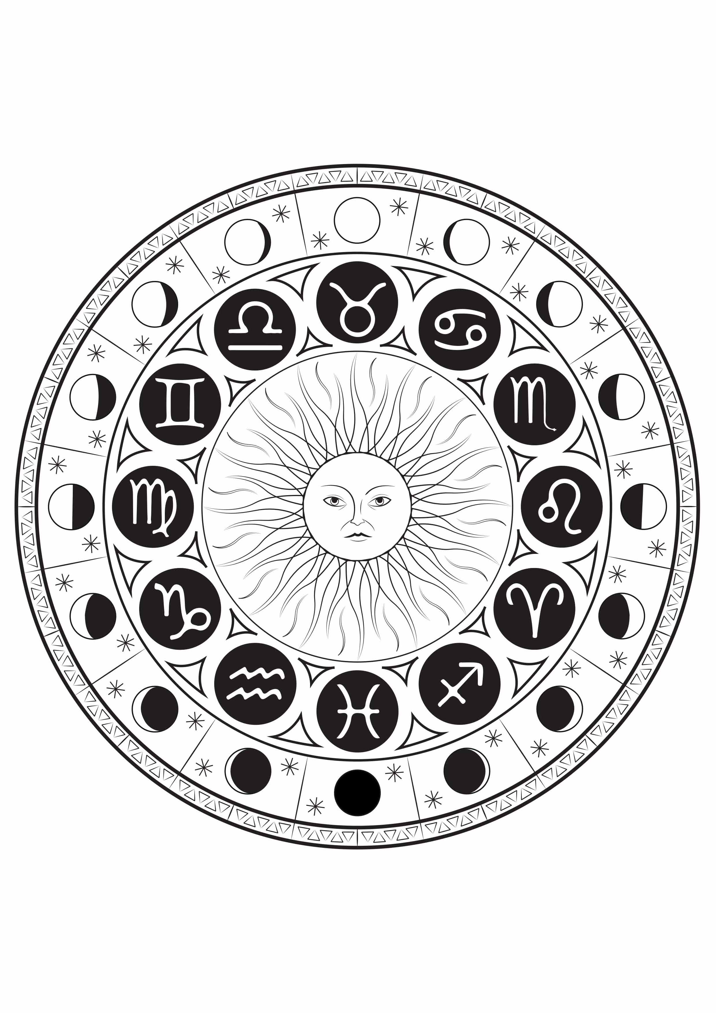 Mandala composed of astrological signs around a sun, with the cycle of the moon, Artist : Louise