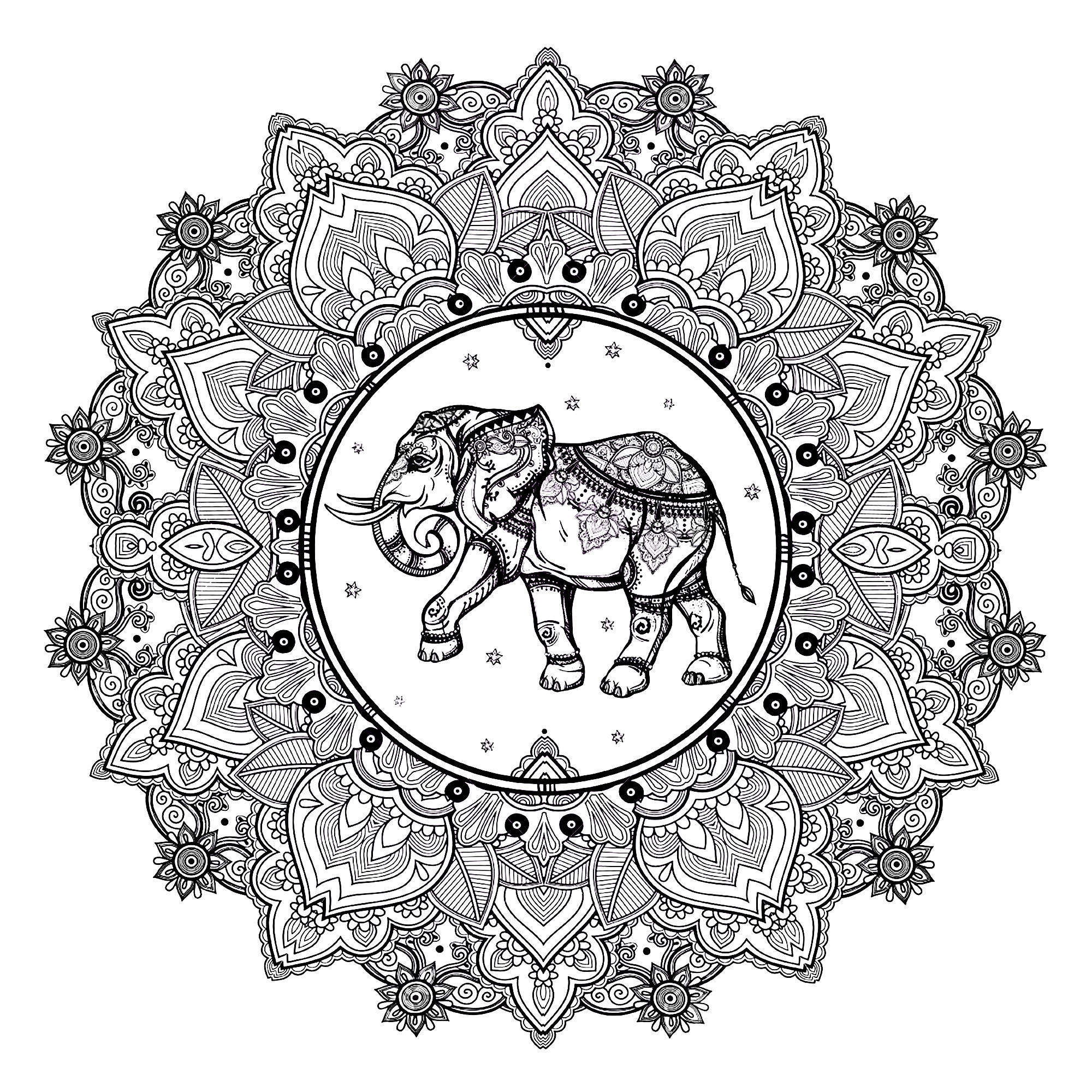 Mandala to print and color, with beautiful elephant in center