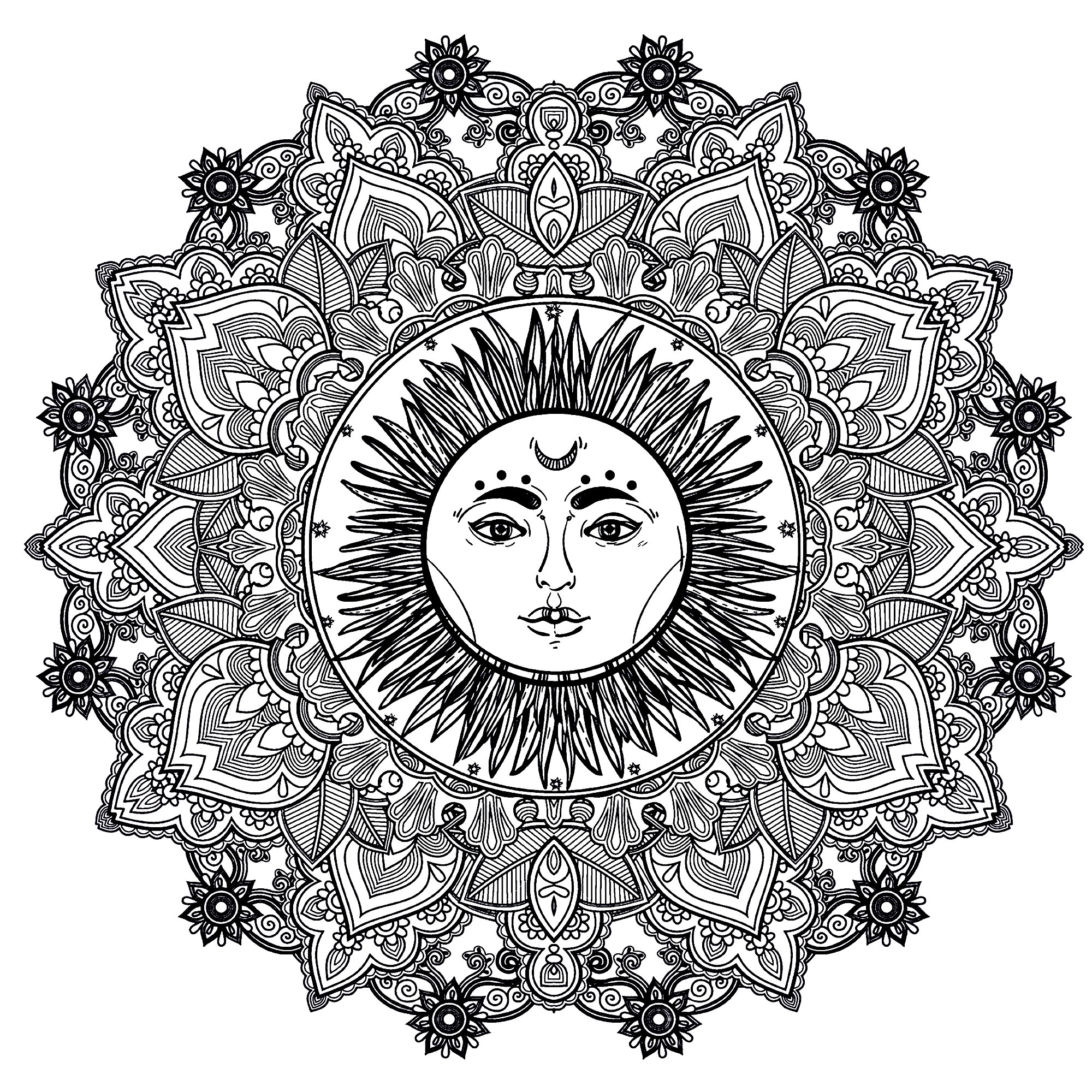 Mandala to color, with beautiful sun in center