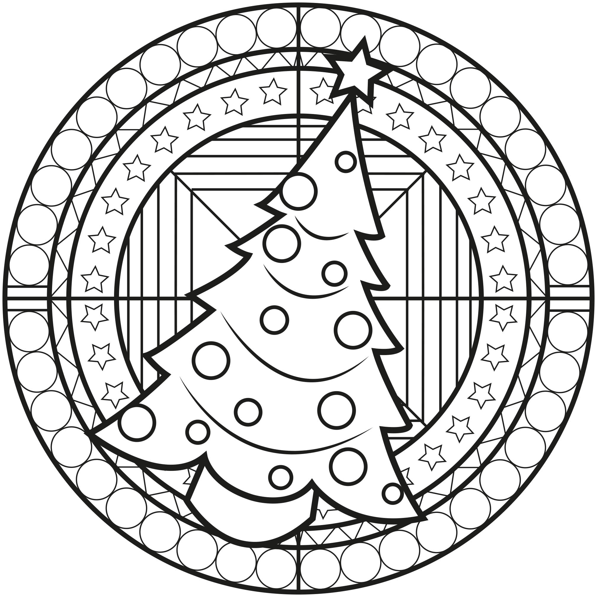 Christmas is coming ! Get in the ambience with this Christmas mandala containing a big Christmas Tree in the middle, Artist : Allan