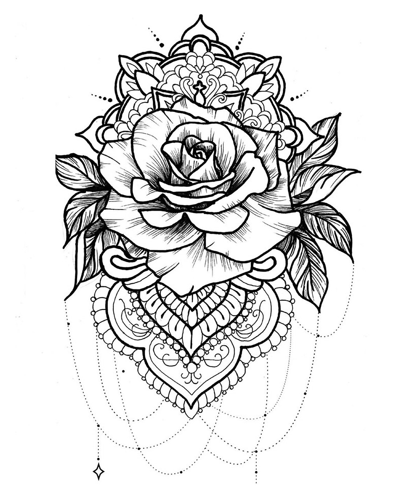 A Mandala with a magnificent rose, leaves, jewels and elegant patterns