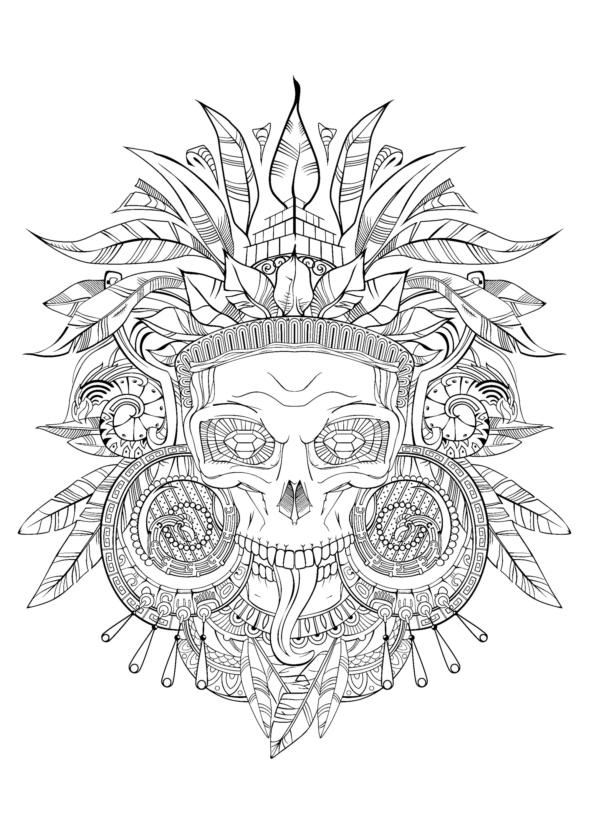 Aztec skull black white - Mayans & Incas Adult Coloring Pages
