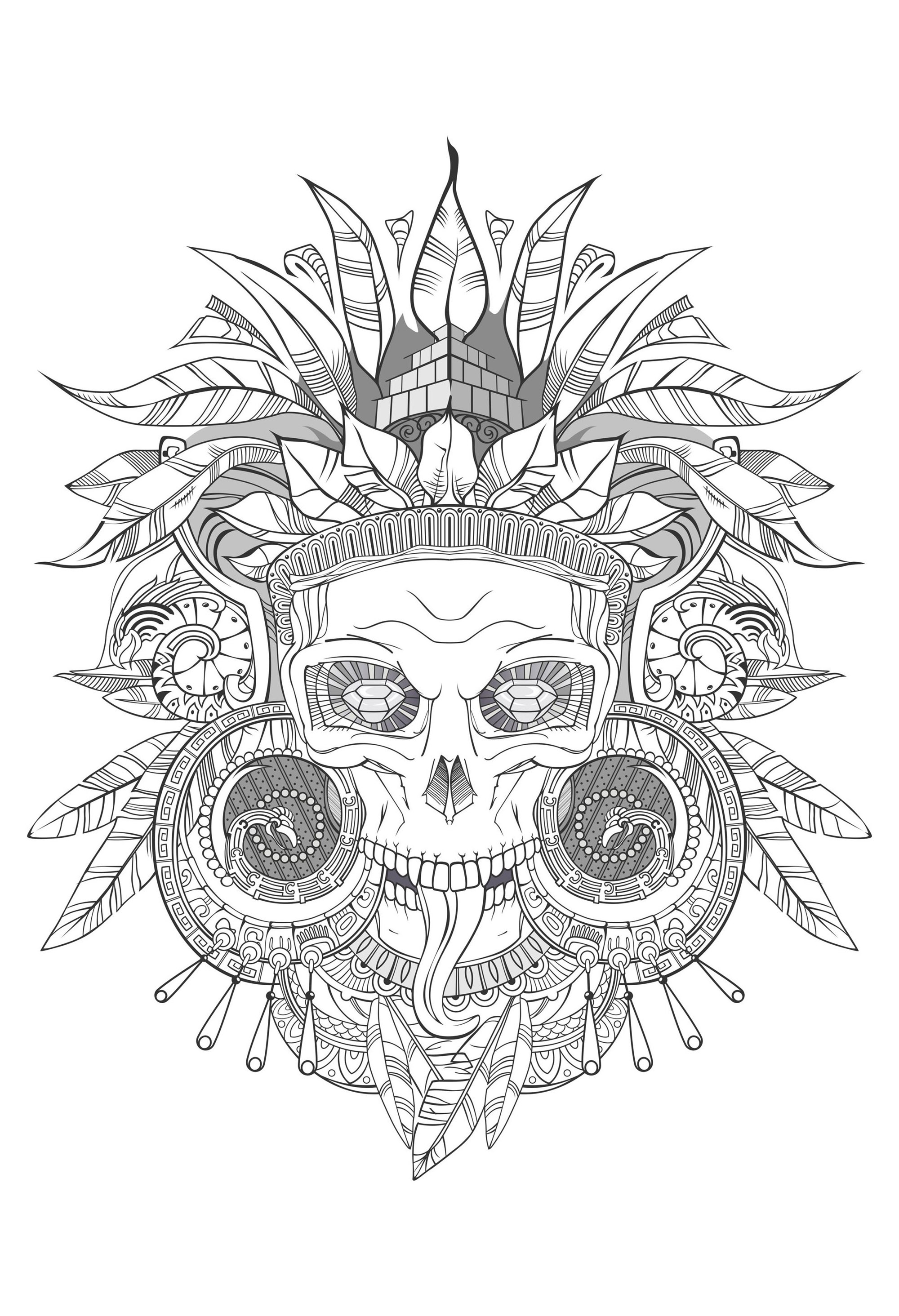 Aztec skull shades of grey - Mayans & Incas Adult Coloring Pages