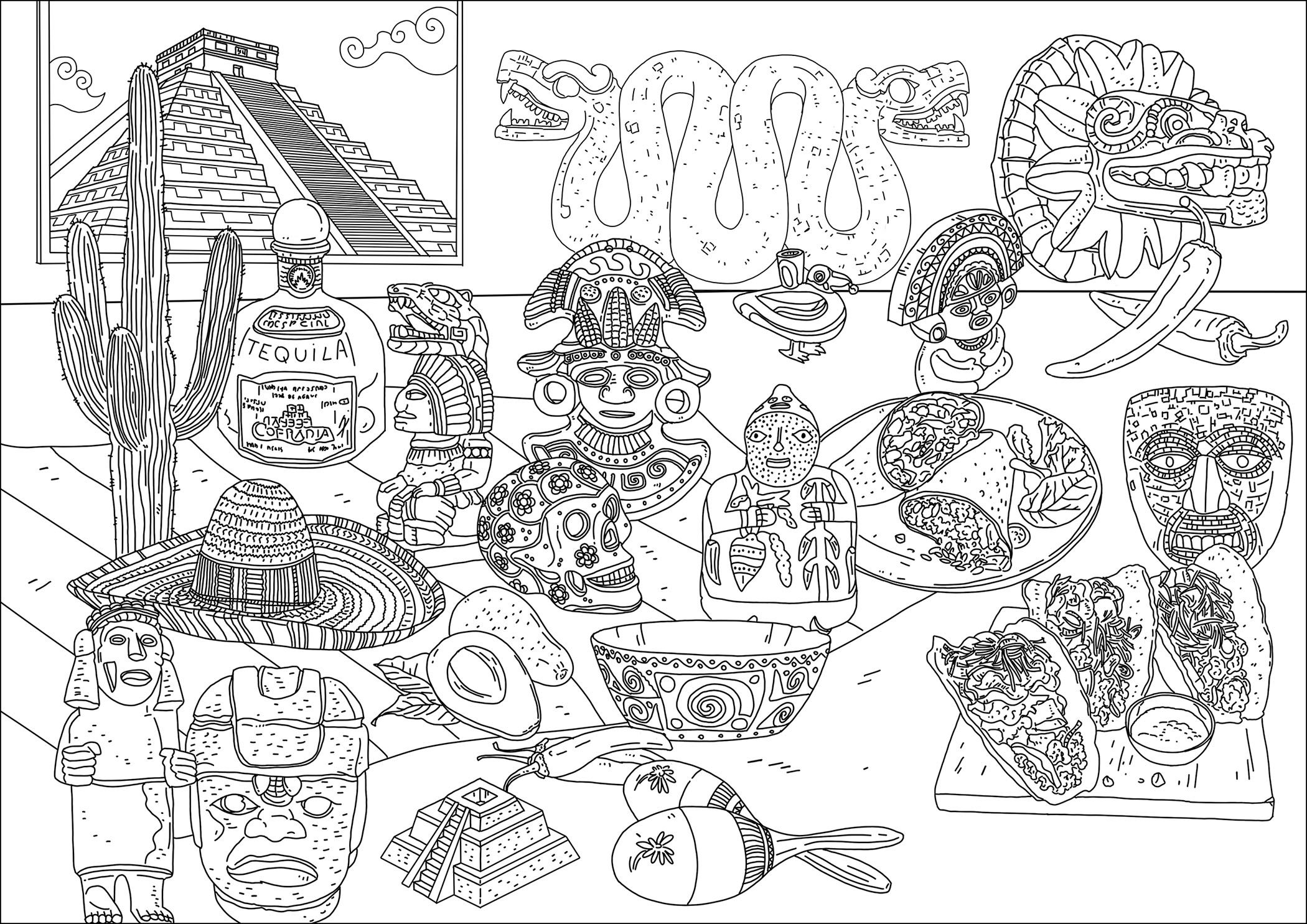 Different symbols of Mexico. Ancient temples, Maya / incas / aztec masks and statuettes , traditional food .., Artist : Frédéric Brogard